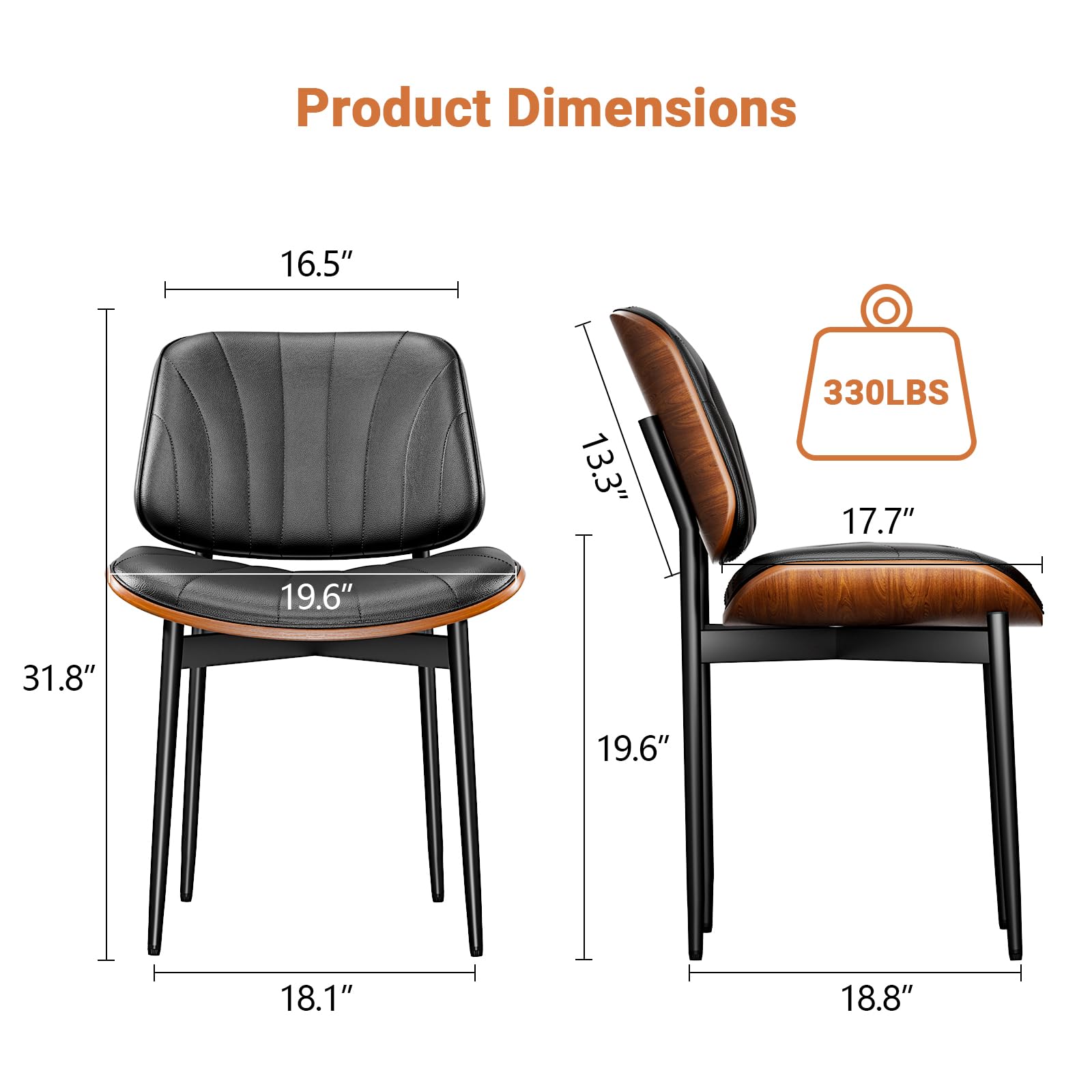 4-Piece Mid Century Modern Dining Chairs Set - FSC Certified PU Leather Upholstered Chairs with Walnut Bentwood & Metal Legs - Perfect for Kitchen, Dining Room or Vanity Area - Black Contemporary Seating