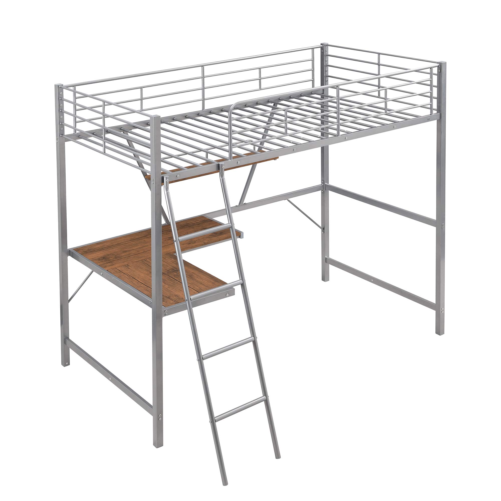 **Twin Size Metal Loft Bed with L-Shaped Desk & Shelves - Sturdy Space-Saving Loft Bed for Kids & Teens, Angled Ladder & Guard Rail, Perfect for Online Learning & Small Bedrooms (Silver)**