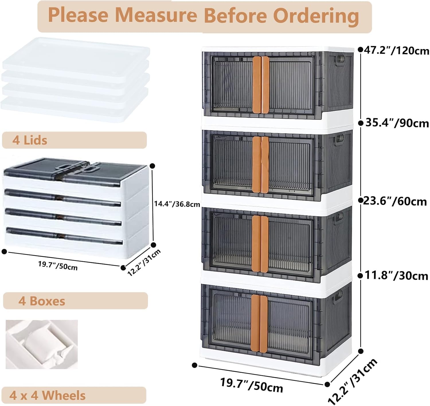 Foldable Storage Bins with Lids - 8.5 Gallon Stackable Closet Organizer Bins, Open Front Door Collapsible Storage Boxes (4-Pack) for Home, Office & Garage Organization
