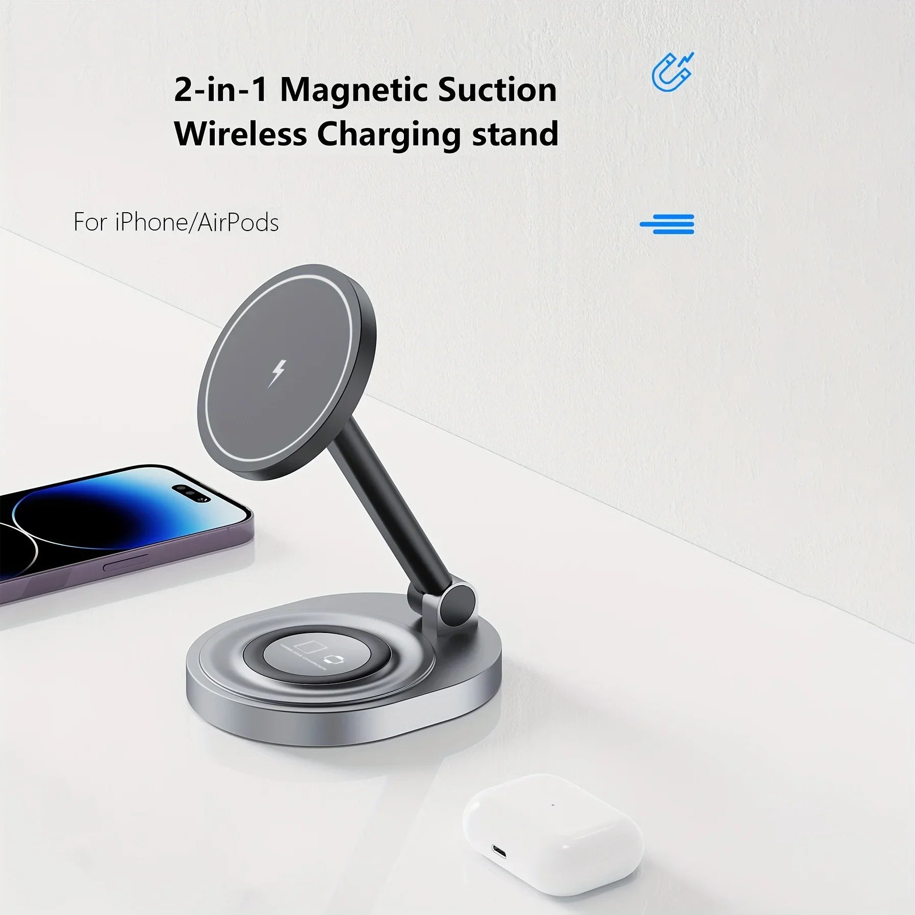 2 in 1 Wireless Charger Stand for iPhone & Android - Fast Charging Phone Holder with LED Indicator for Bedroom, Office & Car (Black)