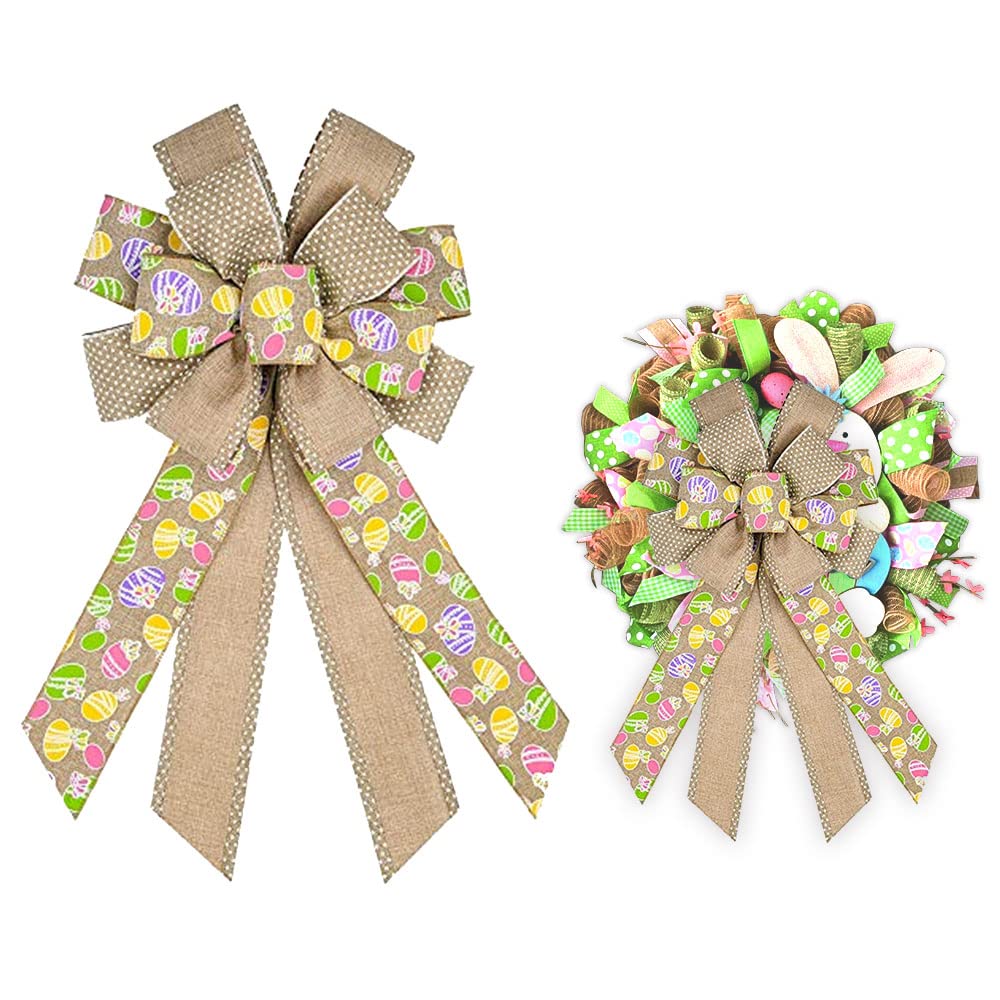 ABTOLS Large Easter Bows for Wreath - Colorful Spring Egg Decorations, Dot Pattern Burlap Bows for Front Door Wreaths, Tree Toppers & Indoor/Outdoor Easter Decor - Perfect for Home, Party & Holiday Festive Decorations