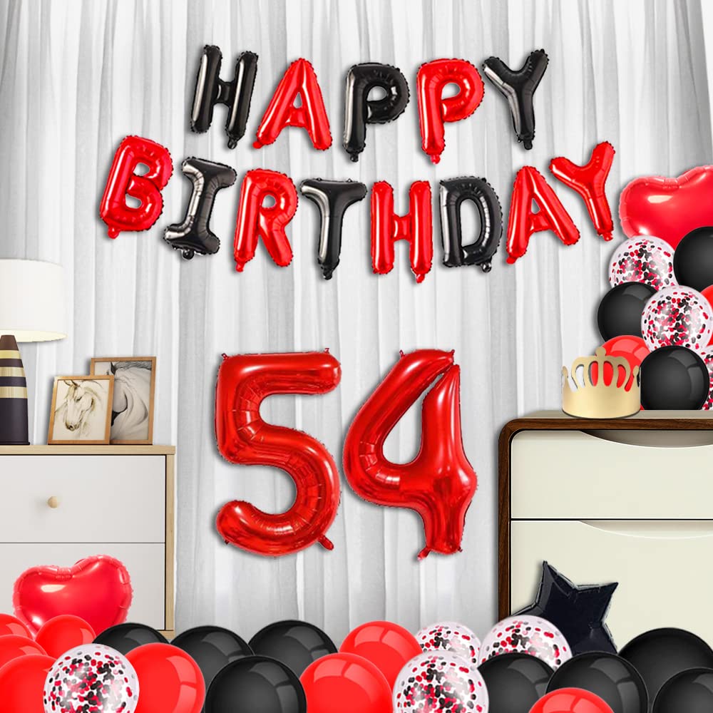 Minhero 54th Birthday Party Decorations - Red & Black Happy Birthday Banner, Number 54 Balloons, Sash with Latex & Confetti Balloons for Women's 54th or 45th Birthday Celebration - Perfect for Adult Birthday Parties, Milestone Celebrations & Surprise Decorations