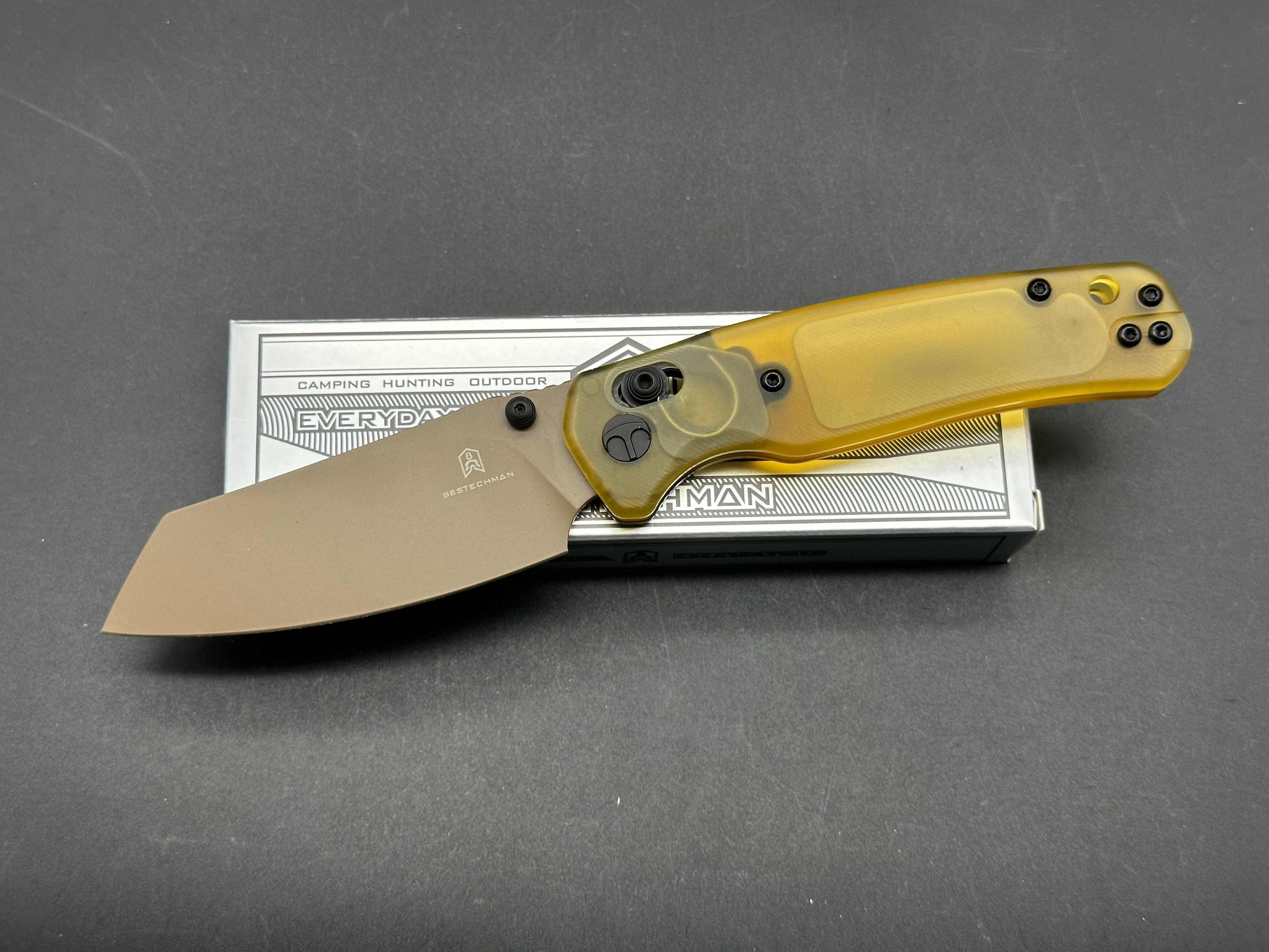 Bestechman Cicada's Wing Crossbar Lock Knife - Amber Ultem Handle, EDC Pocket Knife for Outdoor, Camping & Everyday Carry (EDC)