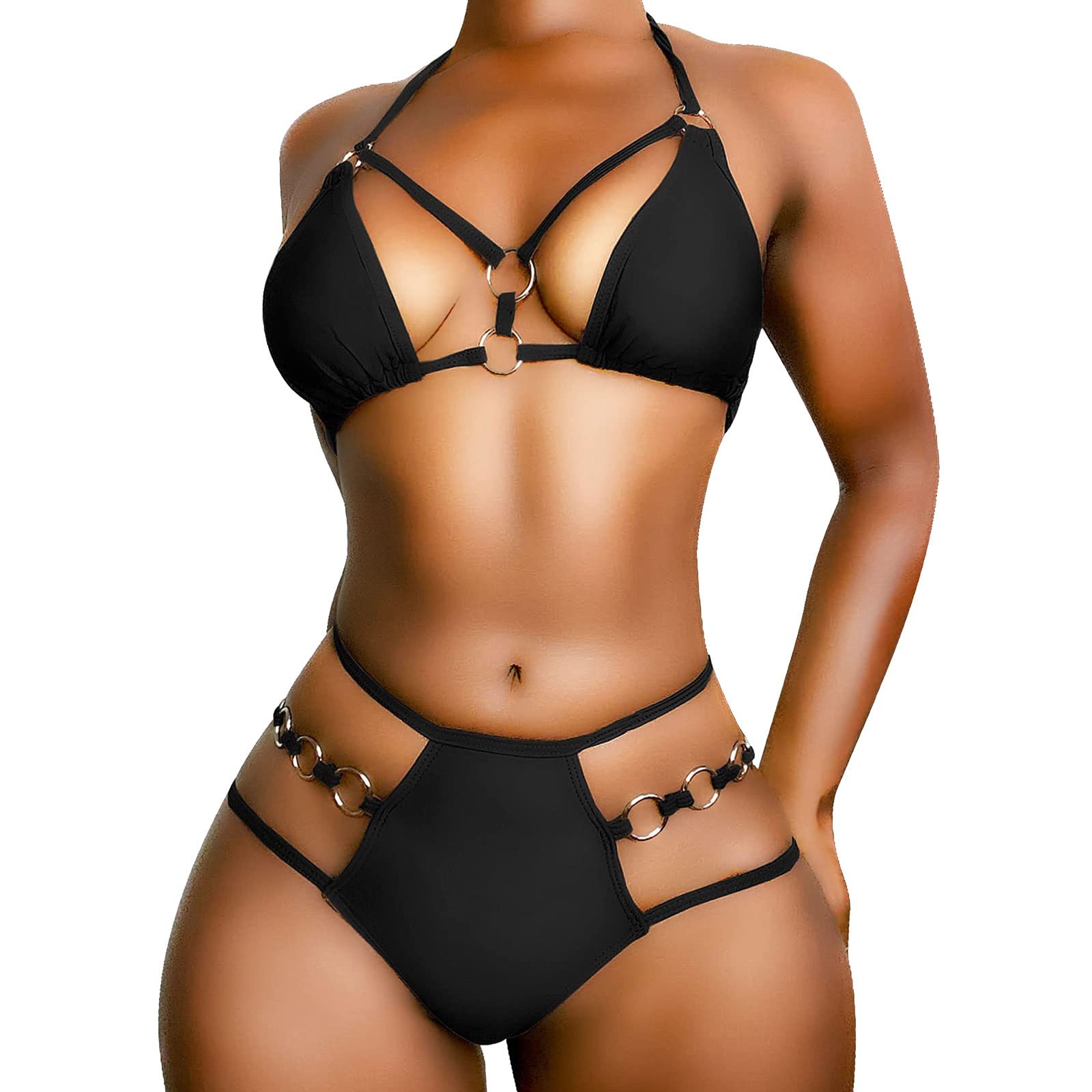 Women's Halter Bikini Set with O-Ring Tie & Ruched Swim Shorts - Black Two Piece Bathing Suit for Beach, Pool & Vacation | High Waisted Swimsuit for Women