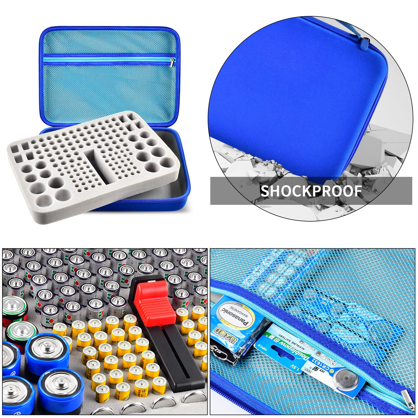 Battery Organizer Storage Box with Tester - Holds 150+ AA AAA C D 9V Lithium 3V (LR44 CR2016 CR2032 CR2025) Batteries - Compact & Durable Plastic Case (Batteries Not Included) - Light Blue - Perfect for Home, Office, RV & Emergency Kits