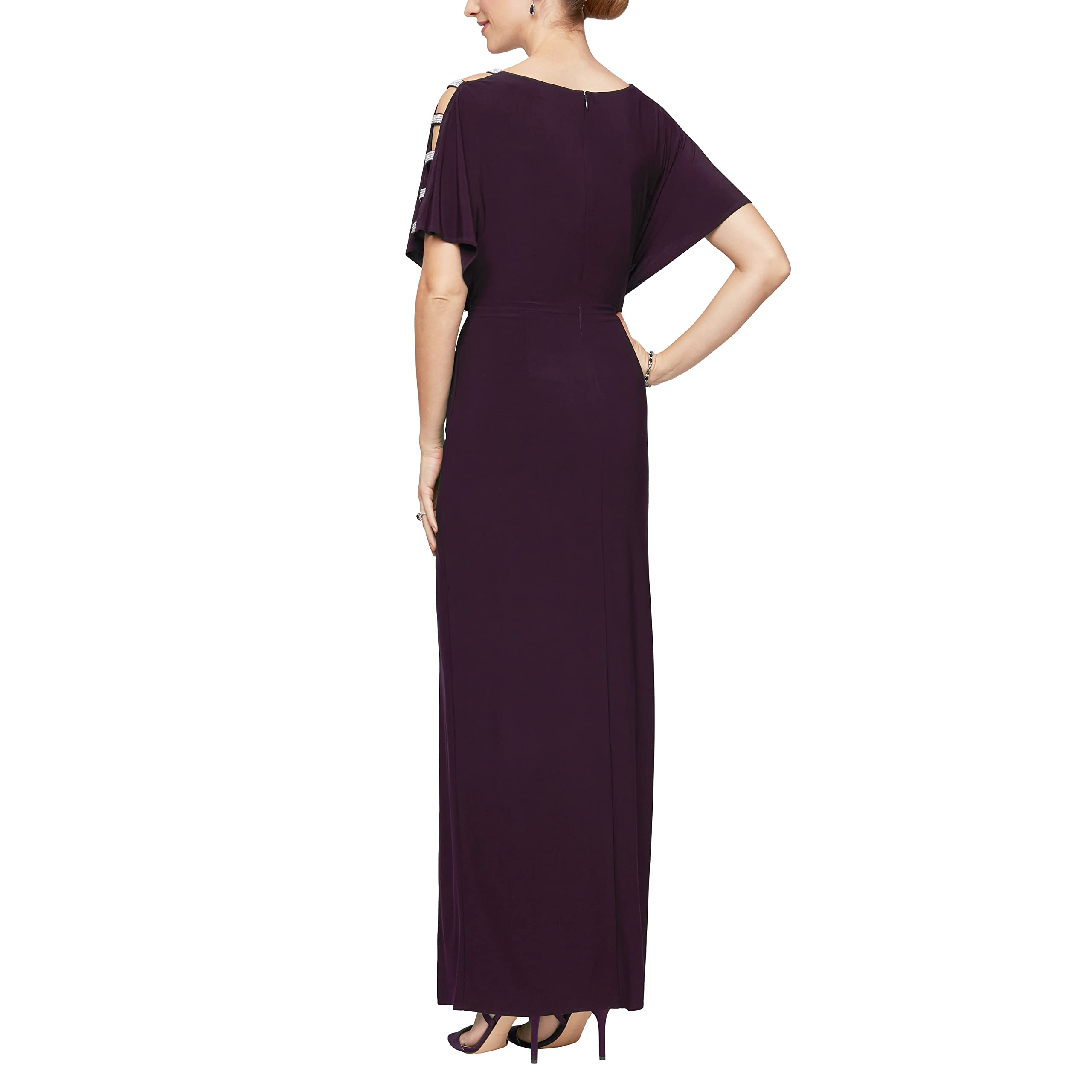Alex Evenings Women's Formal Long V-Neck Knot Front Wedding Guest Dress with Cold Shoulder Sleeves - Elegant Evening Gown for Parties, Cocktail Events & Special Occasions (Petite & Regular Sizes)
