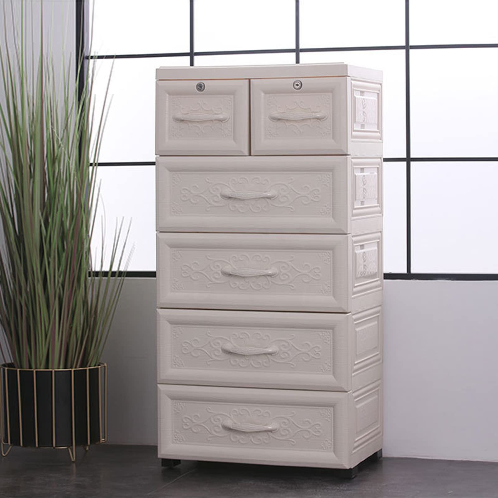 6-Drawer Plastic Storage Dresser Cabinet - Organizer for Clothes, Toys & Bedroom - Heavy Duty 100lbs Capacity with 4 Wheels & 2 Locks - White - Perfect for Closet, Playroom & Home Organization