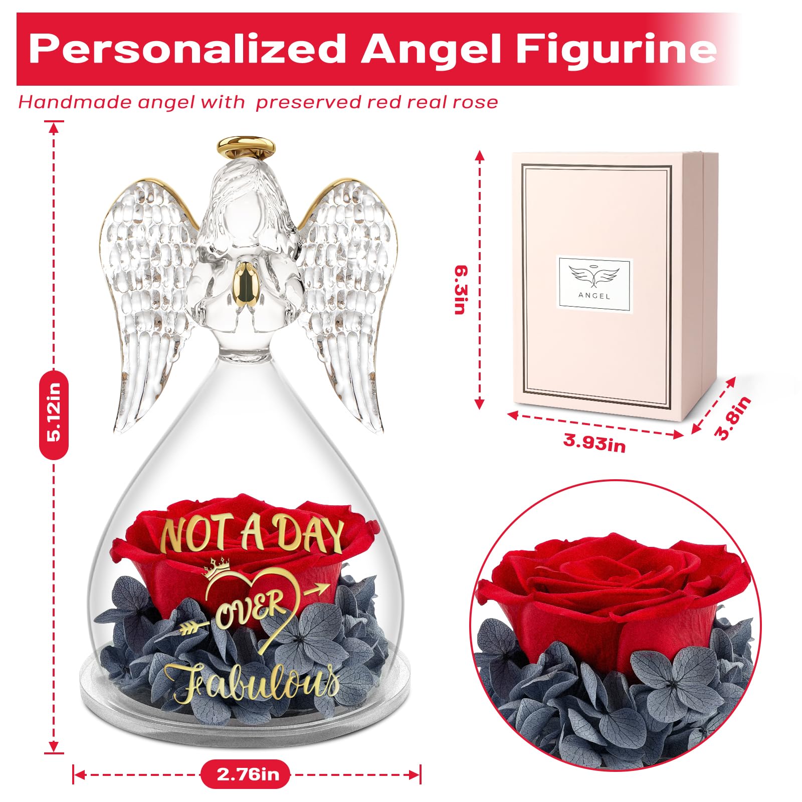 Yamonic Preserved Real Red Rose Glass Angel Figurine - Unique Gift for Women, Mom, Sister, Wife, Best Friend, Coworker or Teacher - Perfect for Birthdays, Anniversaries, Valentine's Day & Home Decor
