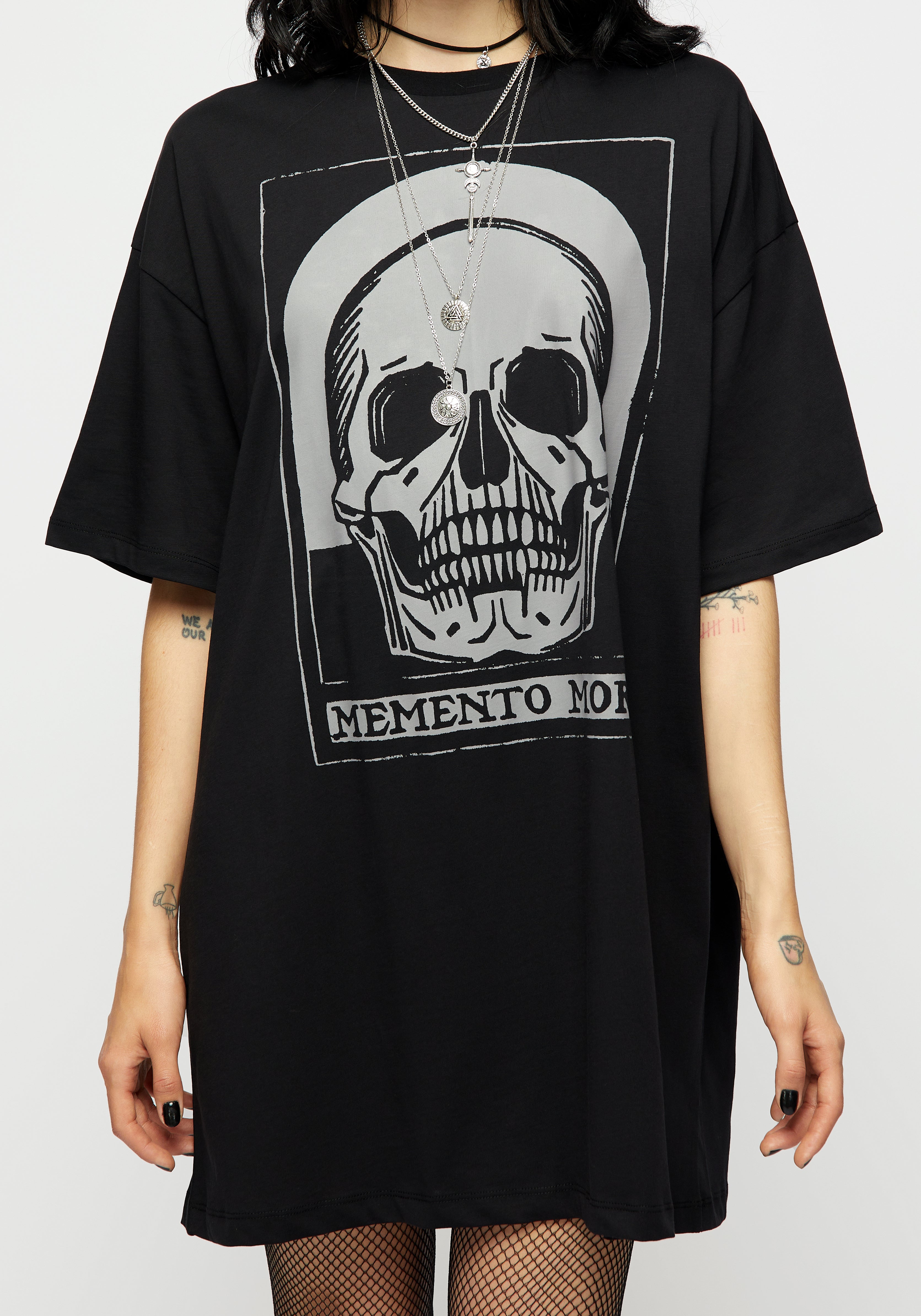 Memento Mori Tee Dress - Gothic Aesthetic T-Shirt Dress for Women | Casual Streetwear & Layering Outfit