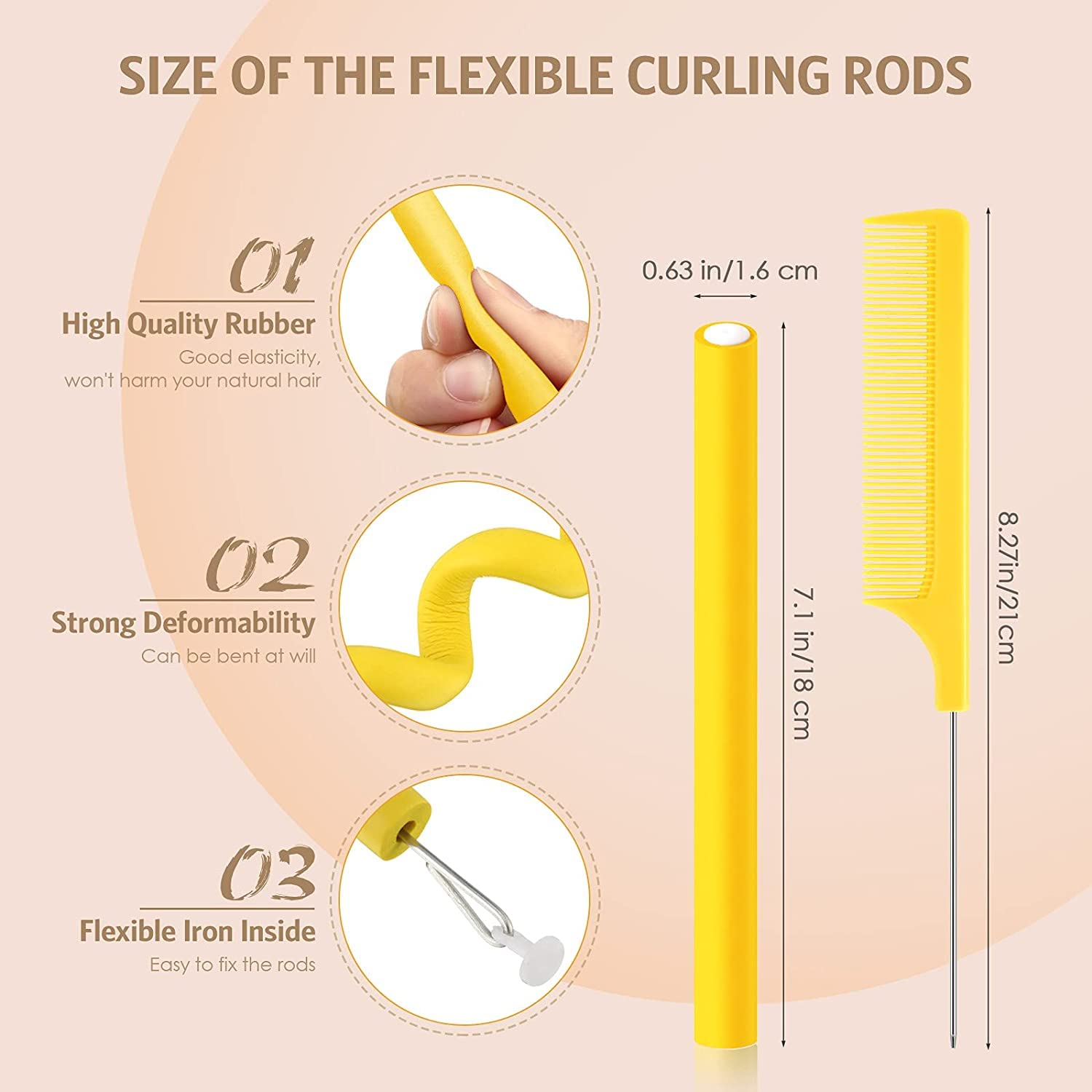 SIYAA 20-Piece Flexible Curling Rods Set - No Heat Soft Foam Hair Rollers & Twist Curlers with Steel Pintail Comb for Women & Girls (Yellow) - Perfect for Salon-Quality Curls at Home, Travel & Everyday Styling