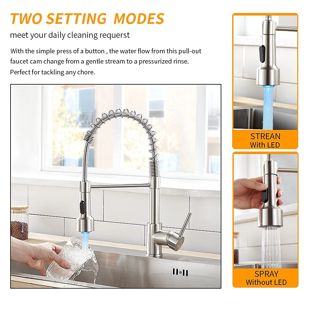 OWOFAN Brushed Nickel Kitchen Sink Faucet with Soap Dispenser - High Arc Pull Down Sprayer, Durable Stainless Steel Design for Modern Home & Restaurant Use