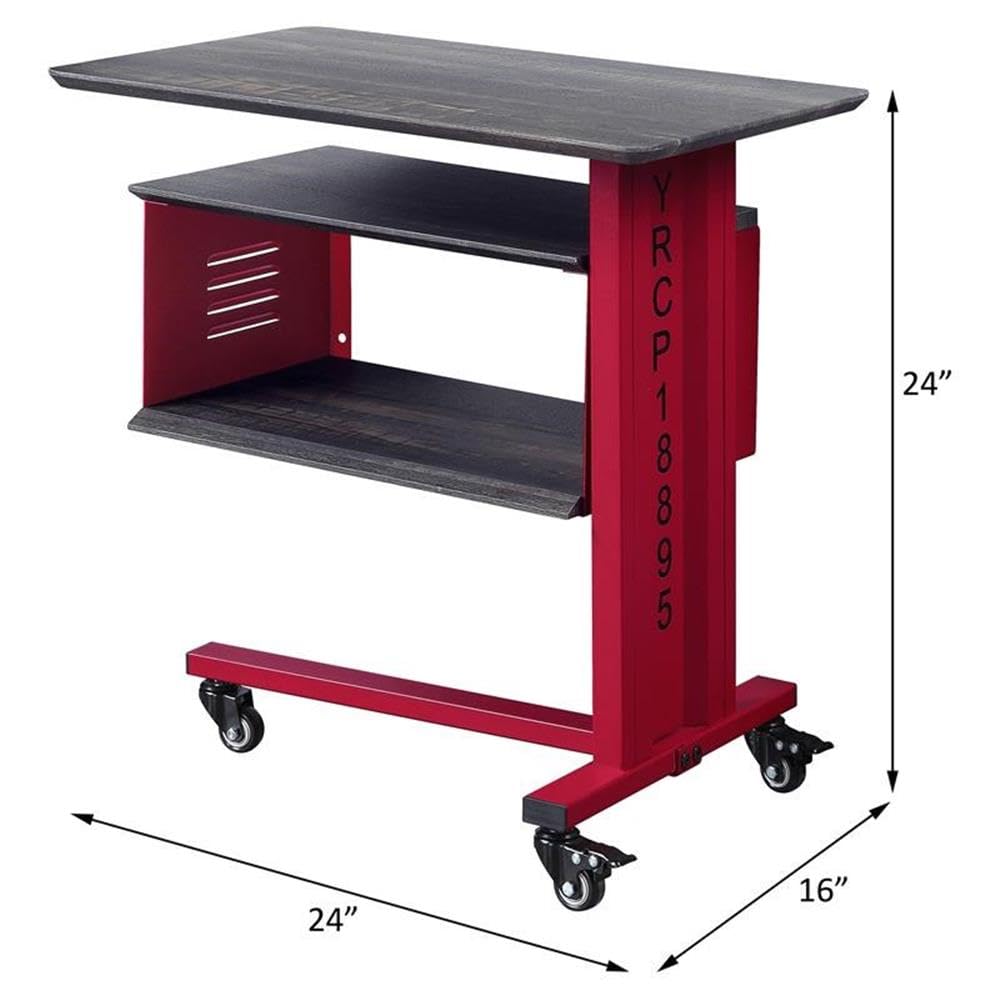 Acme Cargo Industrial Metal Side Table with Wall Shelf & Casters - Red Accent Table for Living Room, Bedroom or Office - Sturdy Rolling End Table with Storage Shelf
