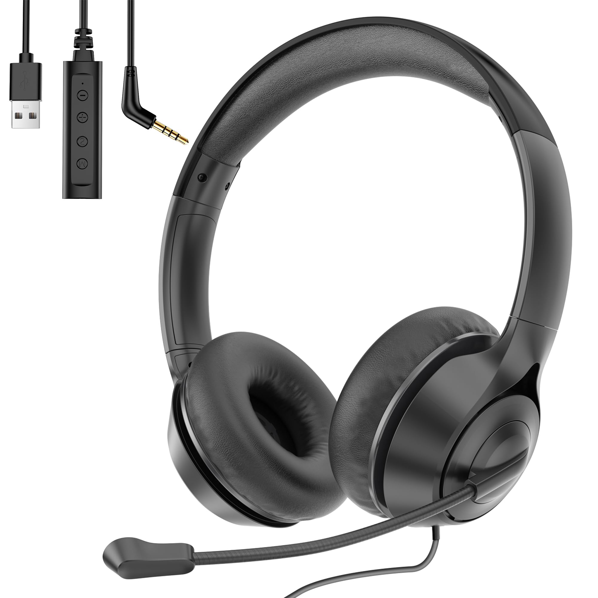 Noise Cancelling USB Headset with Microphone & Audio Controls - 3.5mm/USB Dual Jack Computer Headphones for Office, Call Center, Online Teaching, Skype/Zoom Meetings, Business Chat & Remote Work (Black)