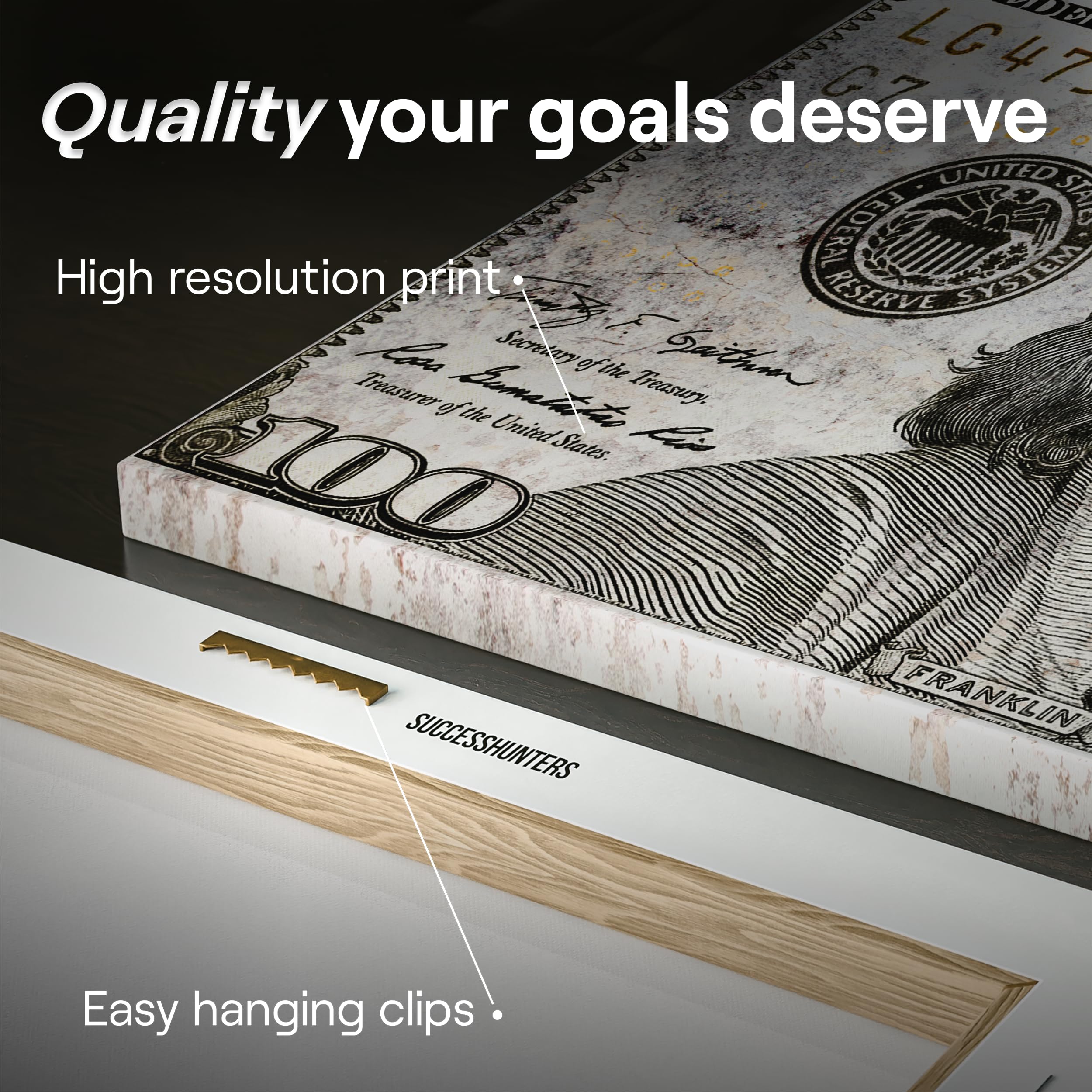 Golden 100 Dollar Bill Wall Art Canvas Print - Office Decor & Money Motivation - Gold Money Artwork, Marble Money Sign (15