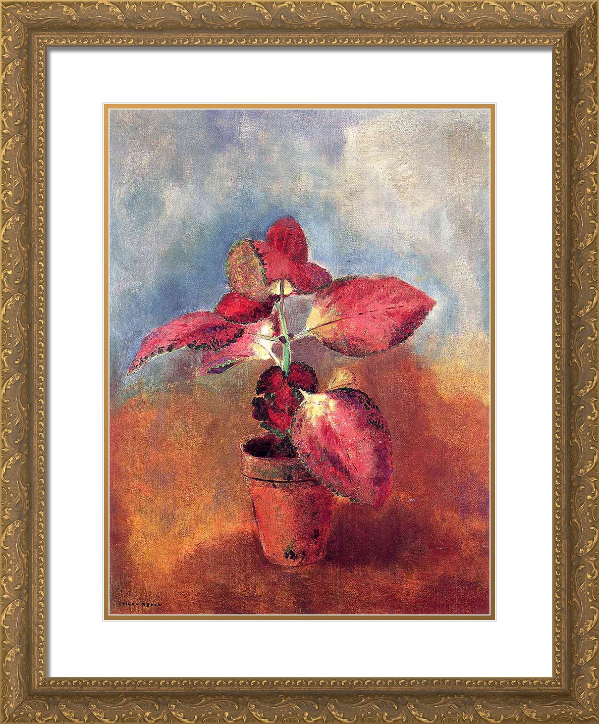 Odilon Redon 'Begonia in a Pot' 20x24 Gold Ornate Framed Art Print with Double Matting - Vintage Floral Wall Decor for Living Room, Bedroom & Office