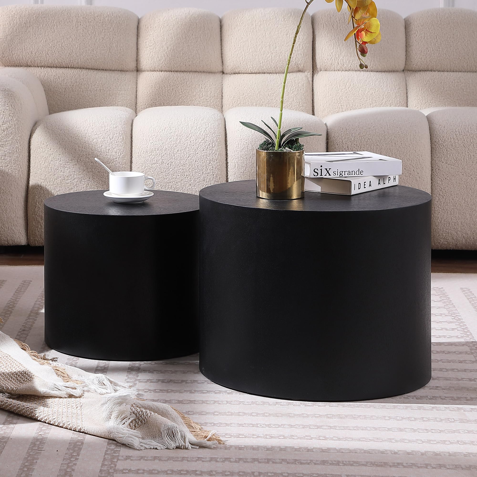 Round Wooden Nesting Coffee Table Set of 2 - Small Space Side Tables for Living Room, Bedroom & Office - Black Accent Tables for Balcony, Lounge & Workspace