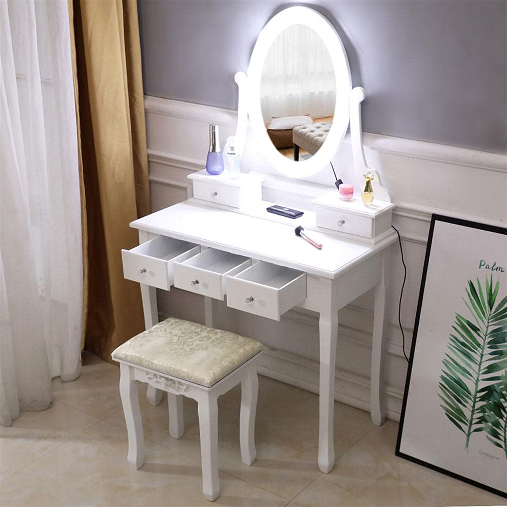 Modern White Vanity Desk with LED Lights & Stool - 5 Drawers for Bedroom Dressing Room