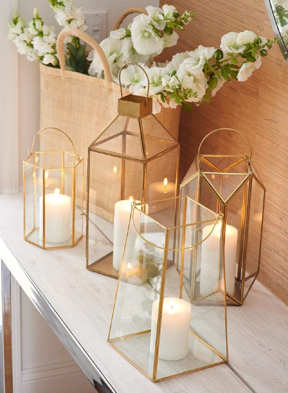 Large Gold Decorative Hurricane Lantern Candle Holder with Glass Panels - 16 Inch Tall Set of 4 - Elegant Home Decor for Dining Table, Wedding Centerpiece, Outdoor Patio Lighting