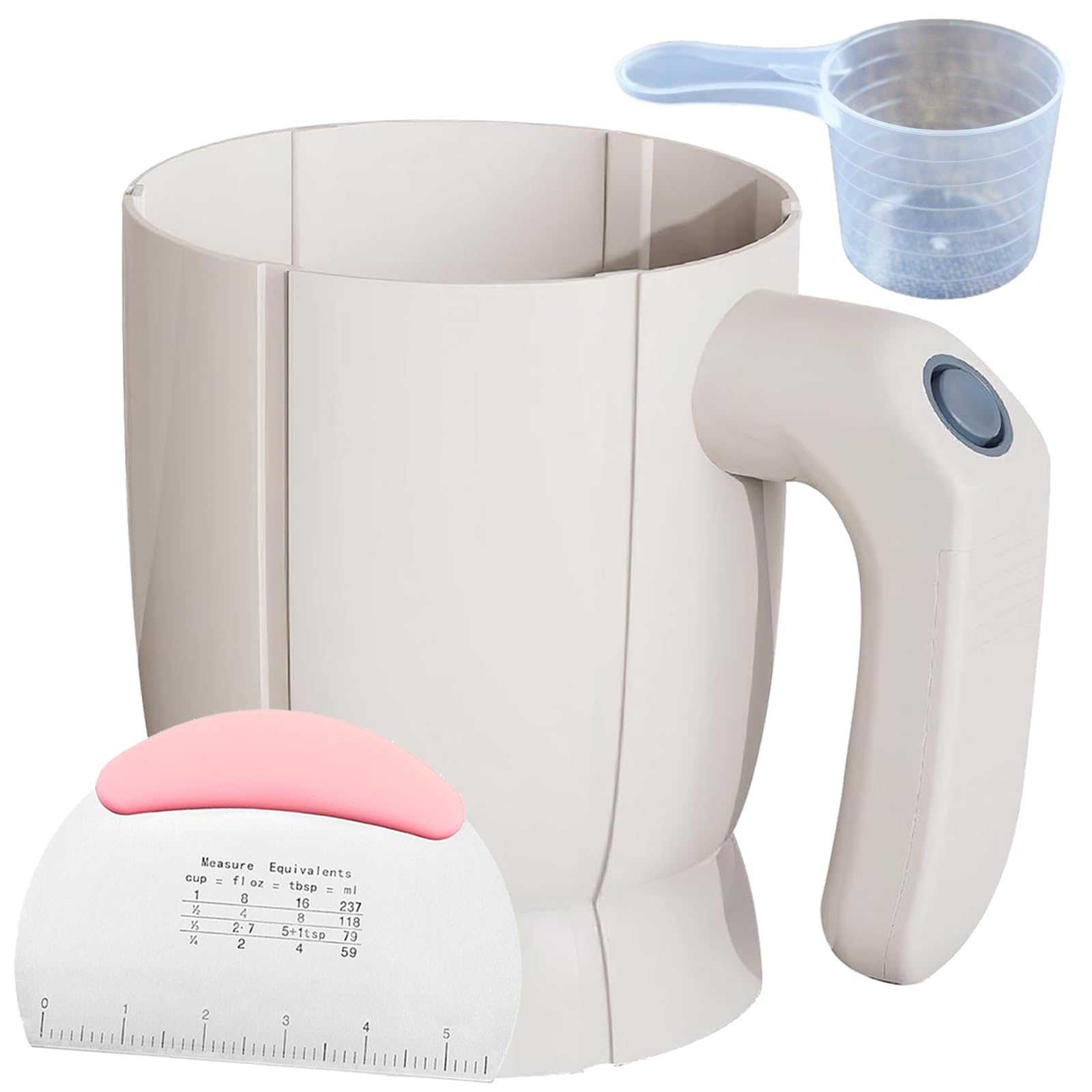 Electric Flour Sifter with Dough Scraper & Flour Spoon - 4 Cup Battery Powered Handheld Sieve for Baking | Perfect for Quick Sifting Flour, Cake Mixing & Cookie Dough Prep