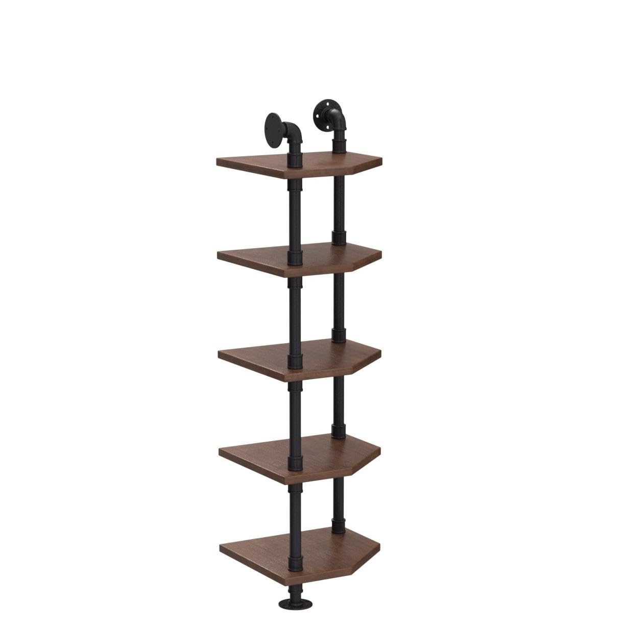 **ivinta Industrial Bookcase Corner Shelf - 5-Tier Wall Mounted Pipe Bookshelf, Solid Wood Shelves & Metal Display Stand for Living Room, Office, or Bedroom Storage**