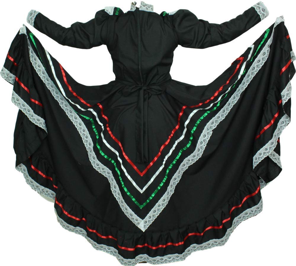 Authentic Mexican Jalisco Dress - Traditional Folklorico Costume for Women (Size L, Black) | Perfect for Cinco de Mayo, Fiesta, Dance Performances & Cultural Events