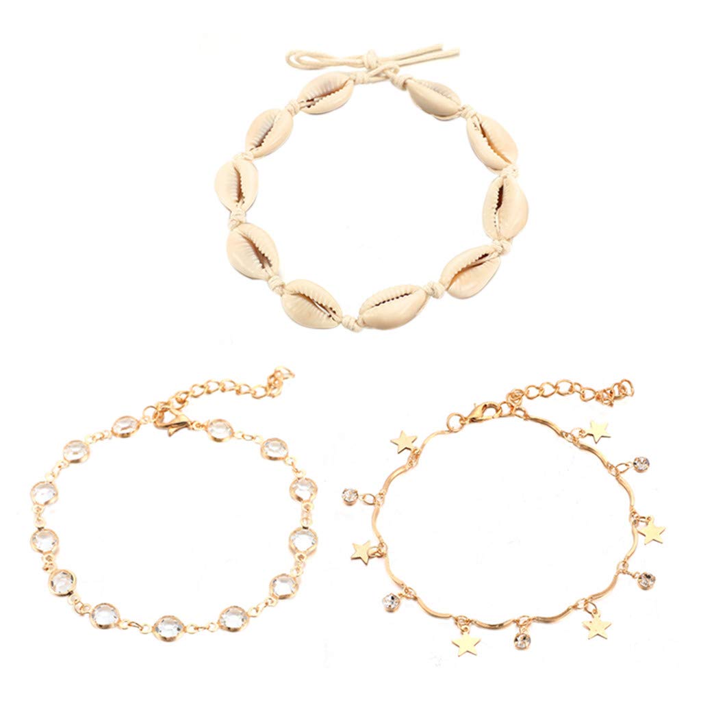 Roytil National Shell 3 Star Jewelry - Gold Metal Anklet Bracelet for Men with Pearl & Sequins - Adjustable Beach Wind Chime Ankle Bracelet - Perfect for Summer Vacations, Beach Parties and Boho Fashion Accessories