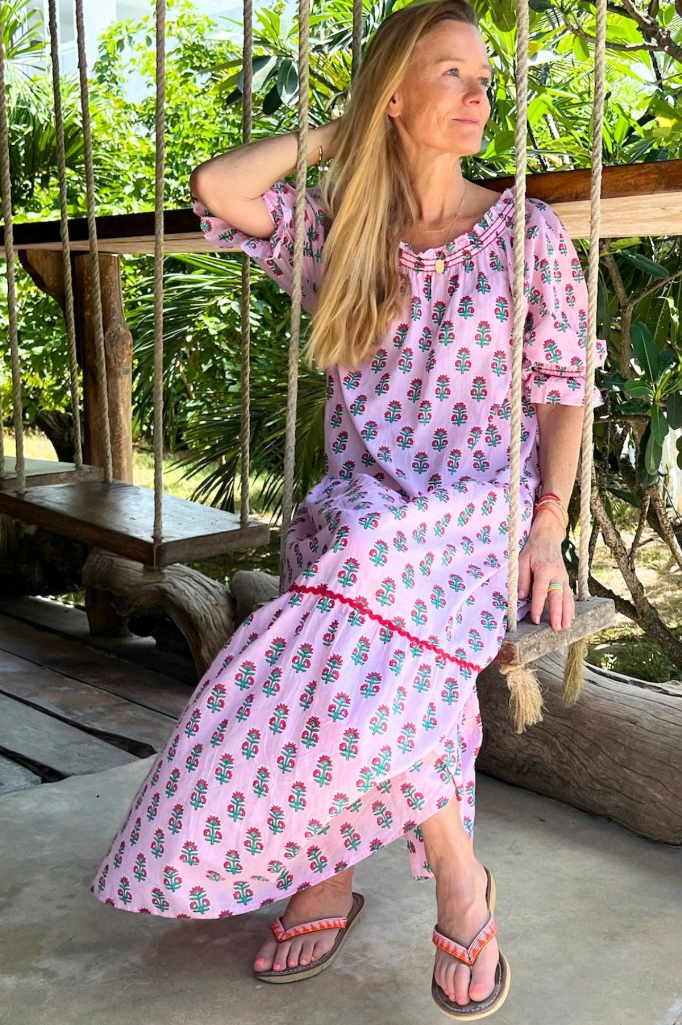 Violet Block Print Dress with Sunflower Buti Pink Design | Floral Summer Dress for Women | Perfect for Beach Vacations, Parties & Casual Outings
