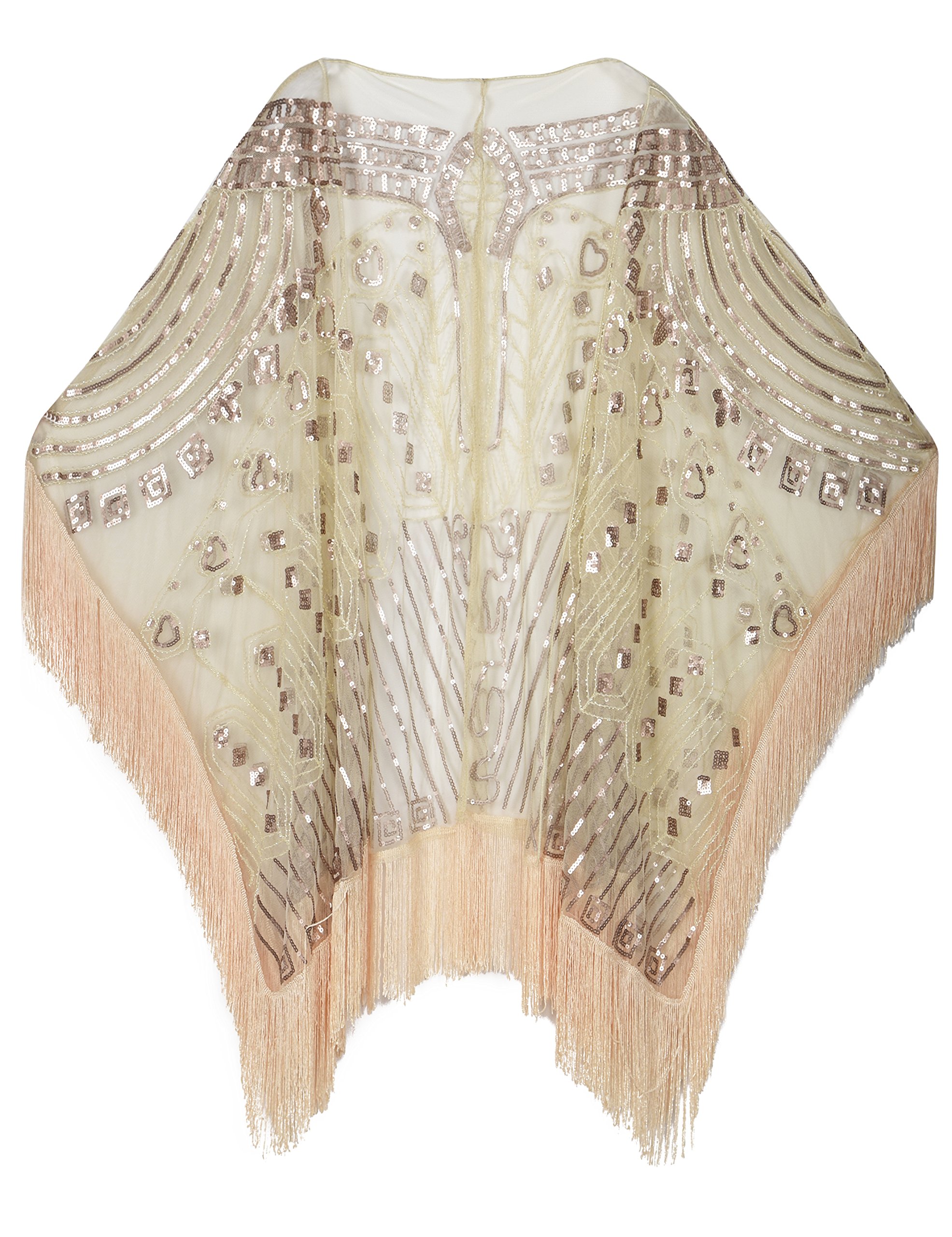 PrettyGuide Women's 1920s Vintage Sequin Beaded Shawl - Oversized Fringed Wedding Cape Wrap for Evening Dresses & Special Occasions - Perfect for Gatsby Parties, Bridal Showers and Formal Events