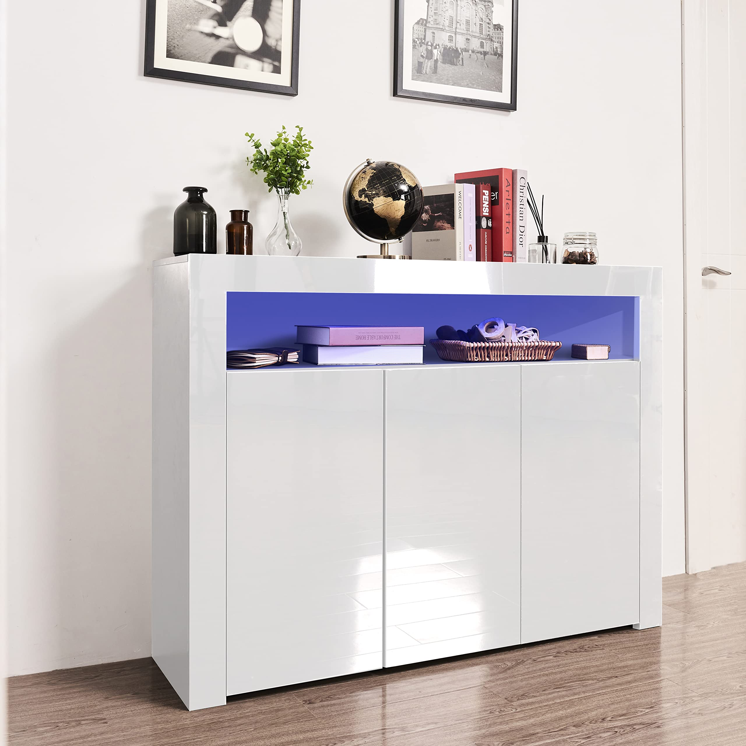 Modern White High Gloss LED Sideboard Storage Cabinet - 3-Door Kitchen Buffet Server with Display Shelves for Hallway, Living Room & Dining Room - Perfect for Home Decor, Entertaining & Storage Solutions