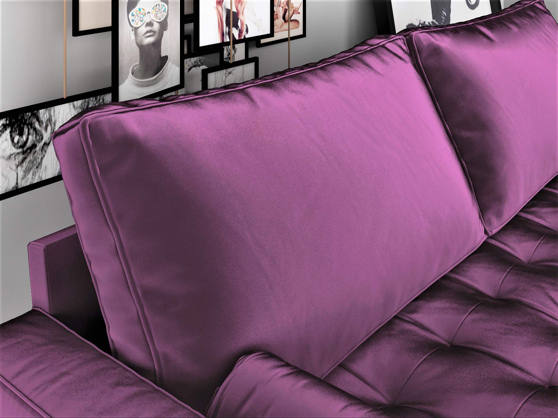 Womble Mid Century Modern Sofa - Soft Velvet Upholstered Tufted Seat with Bolster Pillows, Purple Couch for Living Room, Lounge & Home Decor