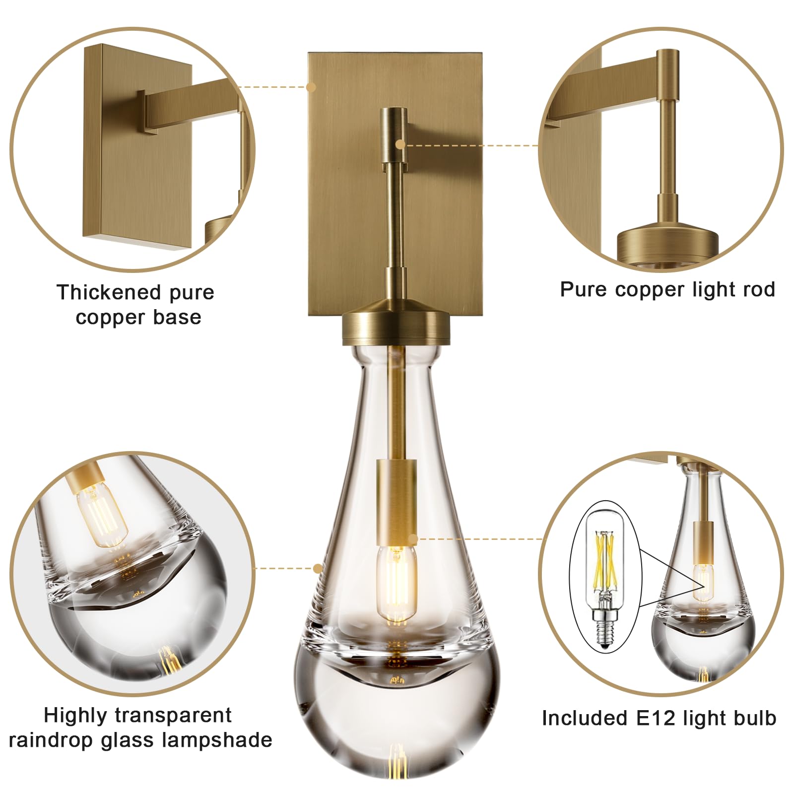Modern Brass Raindrop Wall Sconces Set of 2 - Hand Blown Solid Glass Vanity Lights for Bathroom, Bedroom & Living Room - Elegant Indoor Lighting Fixtures for Home Decor and Relaxing Ambiance