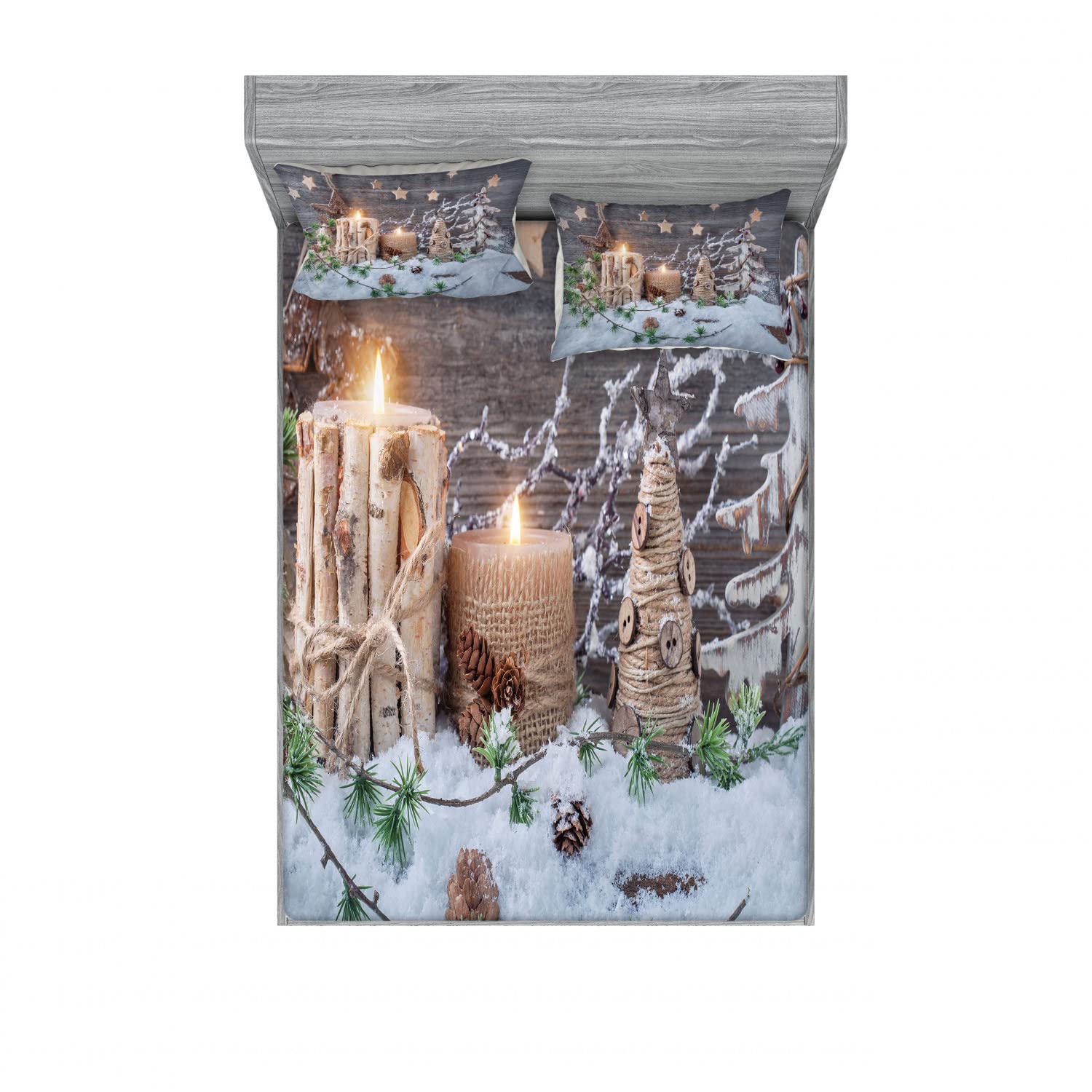 Ambesonne 4-Piece Christmas Bedding Set - 2 Queen Fitted Sheets & 4 Pillow Shams with Snowman and Candle Design, White and Brown Holiday Home Decor for Winter Bedroom, Cozy Seasonal Gift Idea