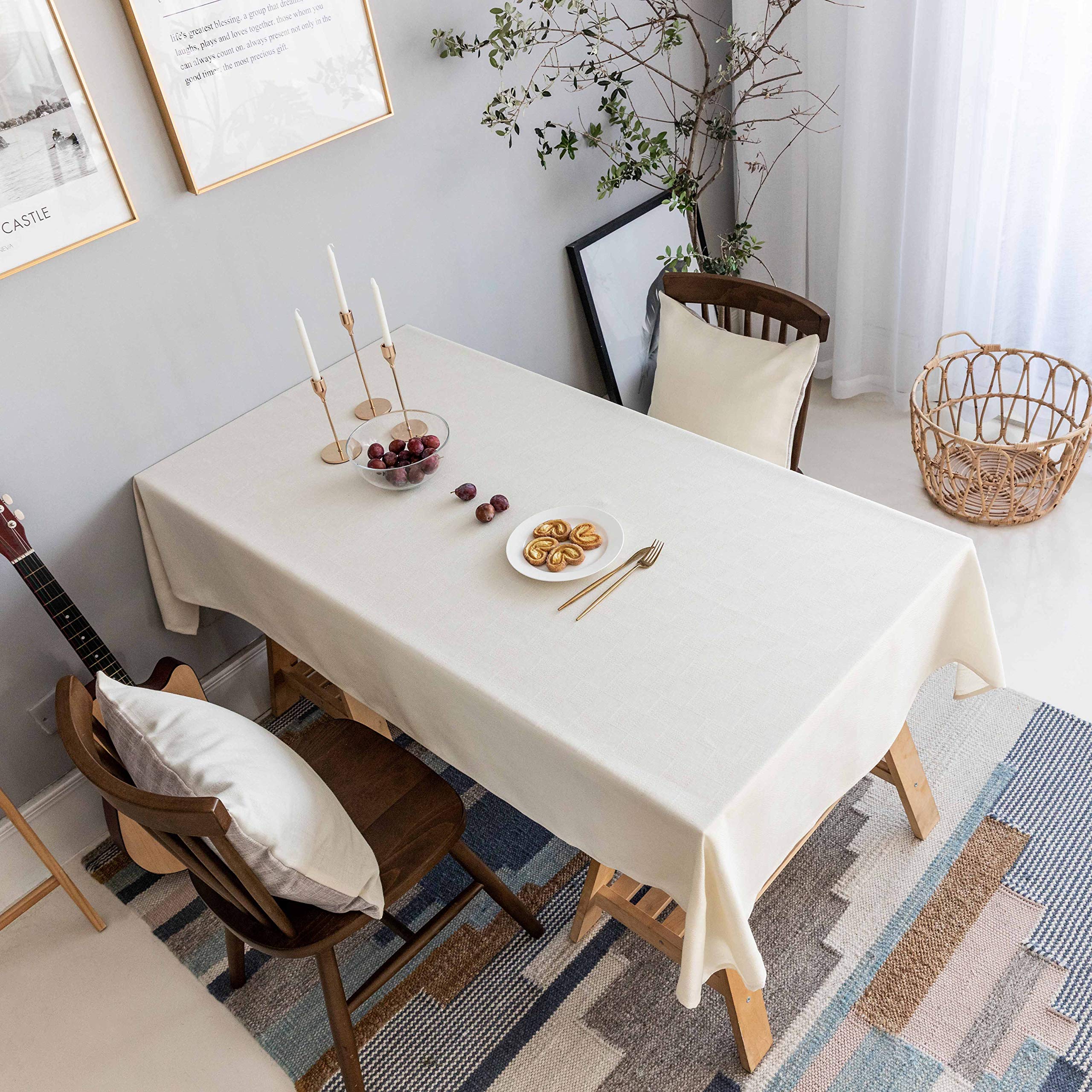 Premium Farmhouse Checkered Tablecloth - 52x52 Inch Cream Solid Kitchen Table Cover for Dining, Pantry & Farmhouse Decor | Washable & Durable for Everyday Use & Special Occasions