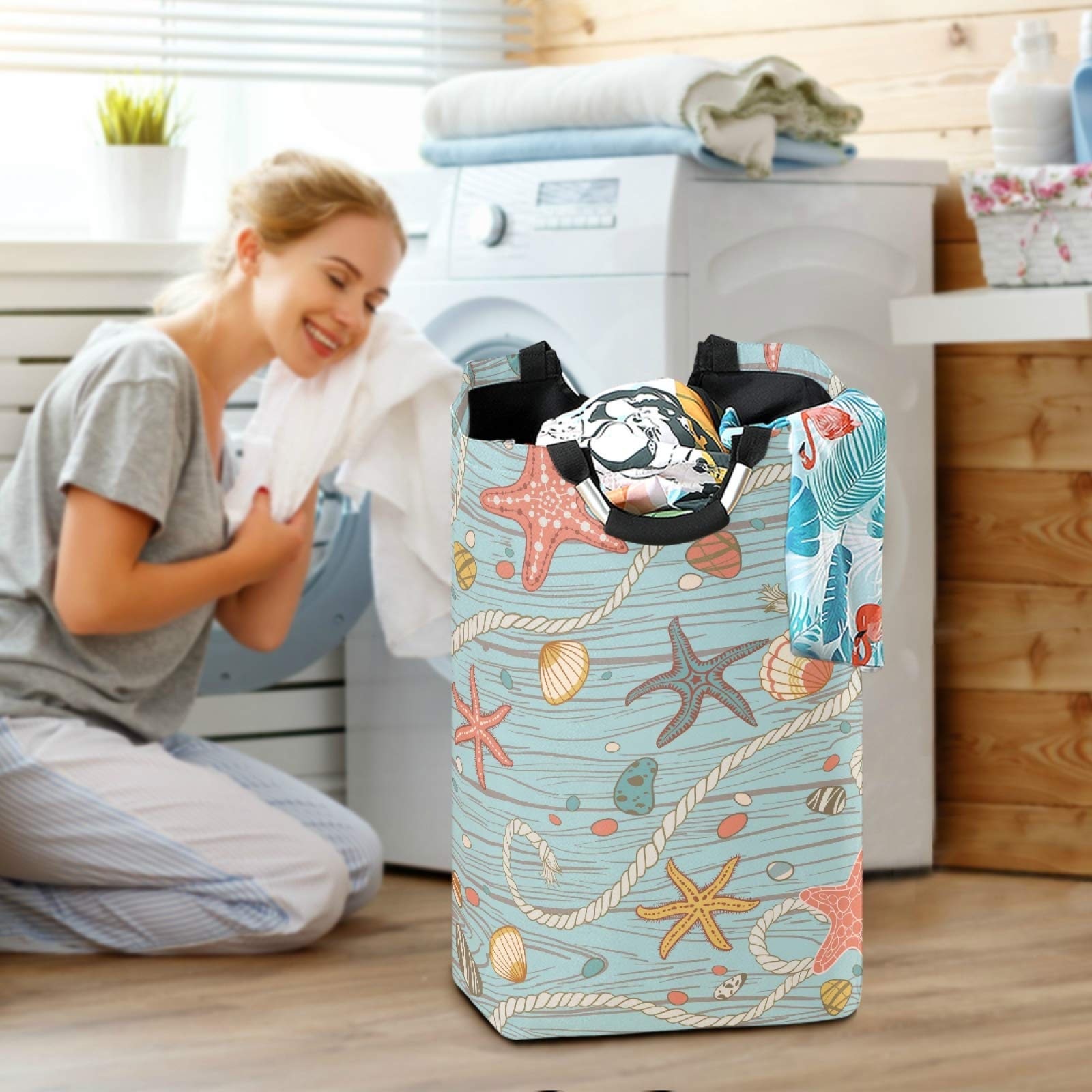 Tarity Large 52L Collapsible Laundry Hamper with Handles - Seastones & Seashells Design Oxford Clothes Storage Bag, Foldable Washing Basket for Bedroom, Bathroom, Closet - Perfect for Laundry Room Organization & Home Storage Solutions