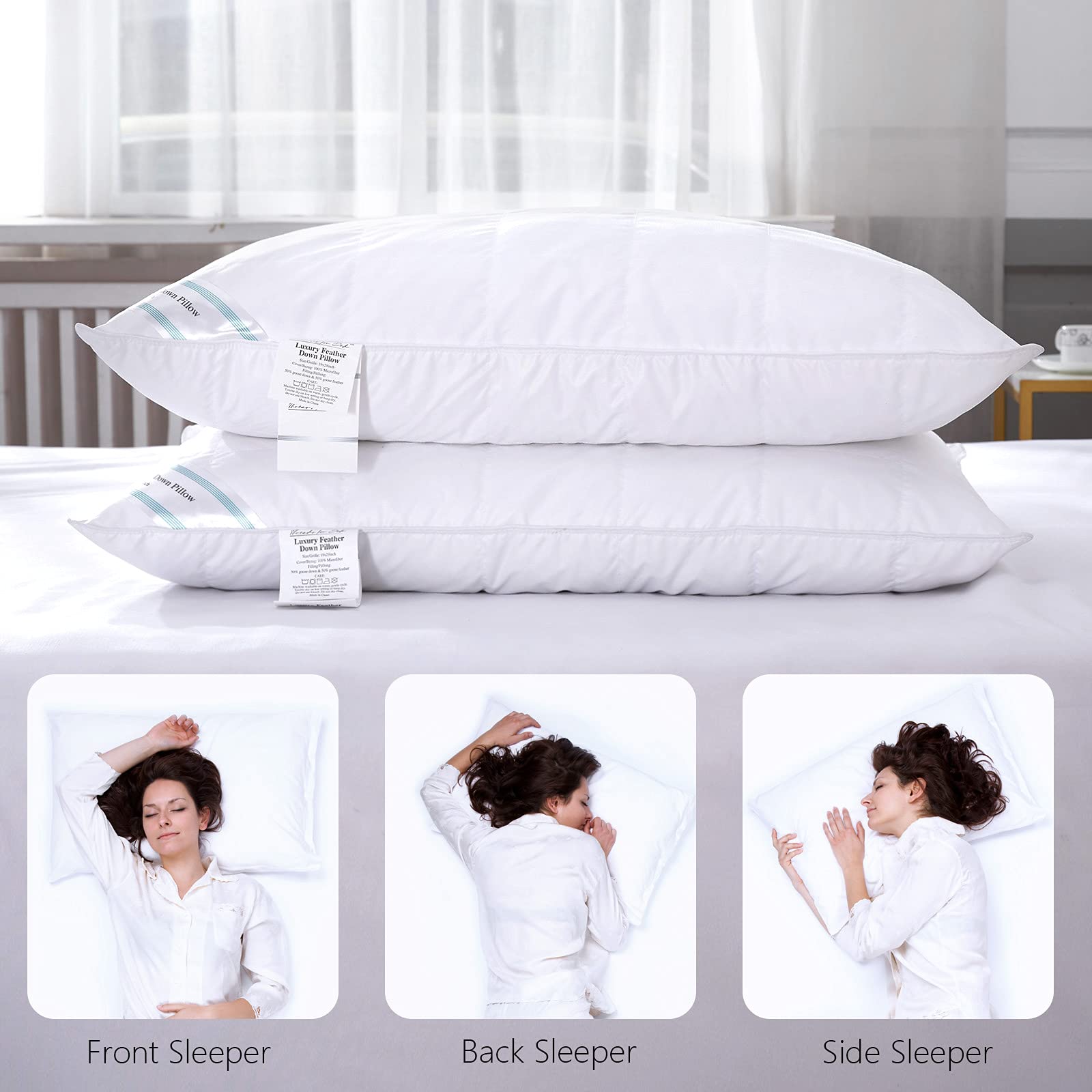 Premium Natural Feather & Down Pillows Set of 2 - Luxury Sleeping Pillows with Downproof Dual Layer Cover, Medium/Soft Support for Back & Side Sleepers (19x29 Inches) - Perfect for Home, Hotel & Guest Room Comfort