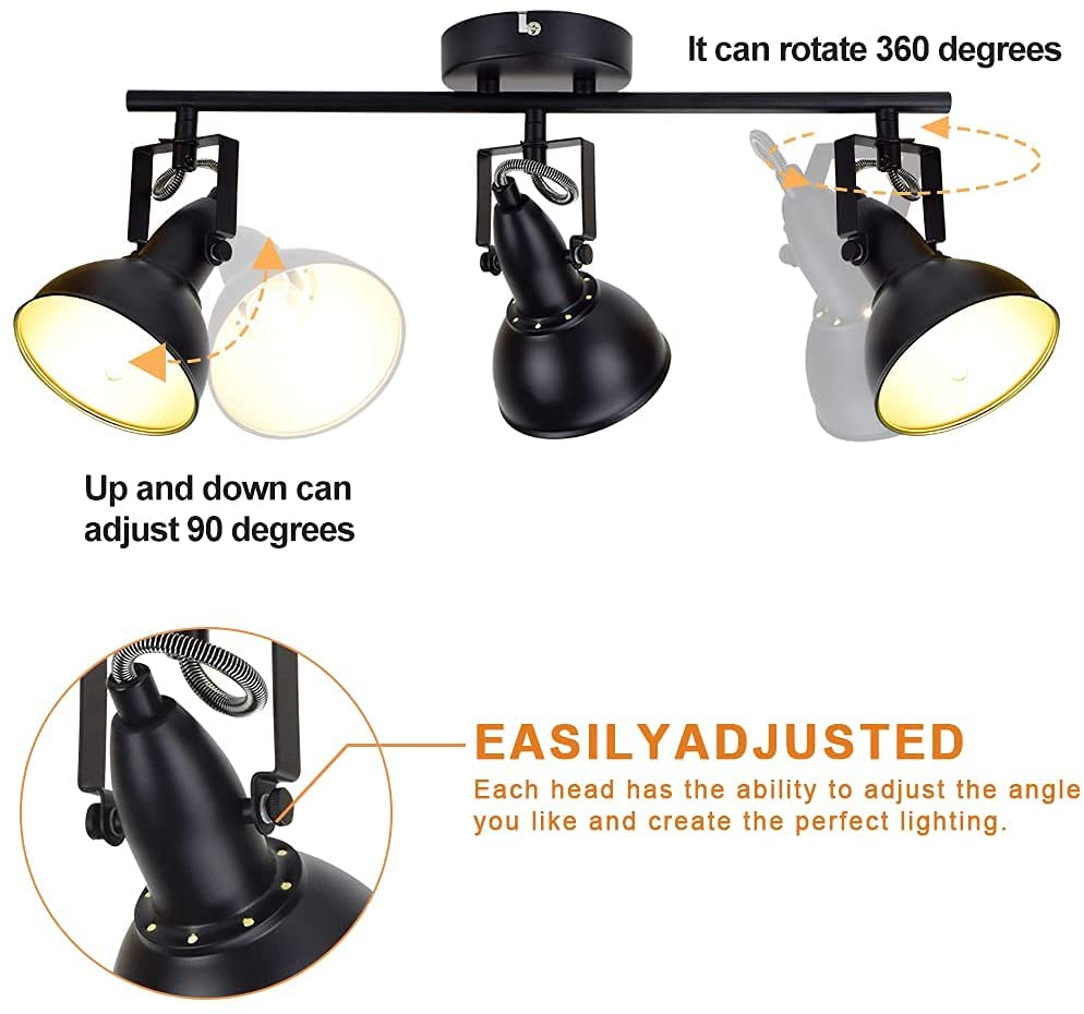 Depuley Retro 3-Way Swiveling Ceiling Spotlight - Adjustable Kitchen Lighting Fixture with 3 Trumpet Shade, Black Gold Metal Iron Cover - Rotatable Ceiling Light for Living Room, Bedroom, Kitchen | Perfect for Ambient Lighting, Task Lighting & Home Decor