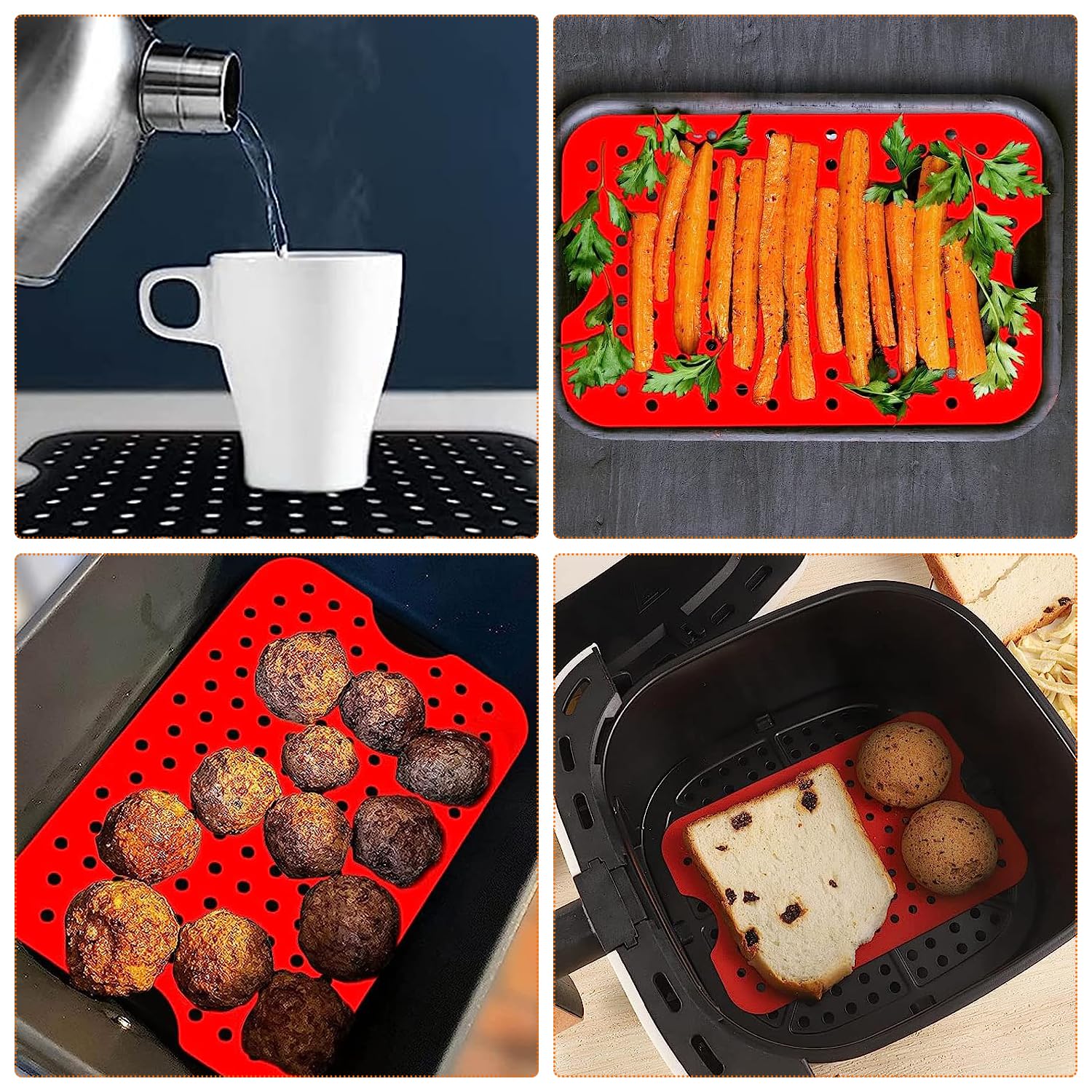4-Piece Air Fryer Silicone Mat Set - Non-Slip Square Basket Liners, BPA-Free & Reusable Accessories for Air Fryer Cooking - Perfect for Roasting, Baking & Frying Healthy Meals