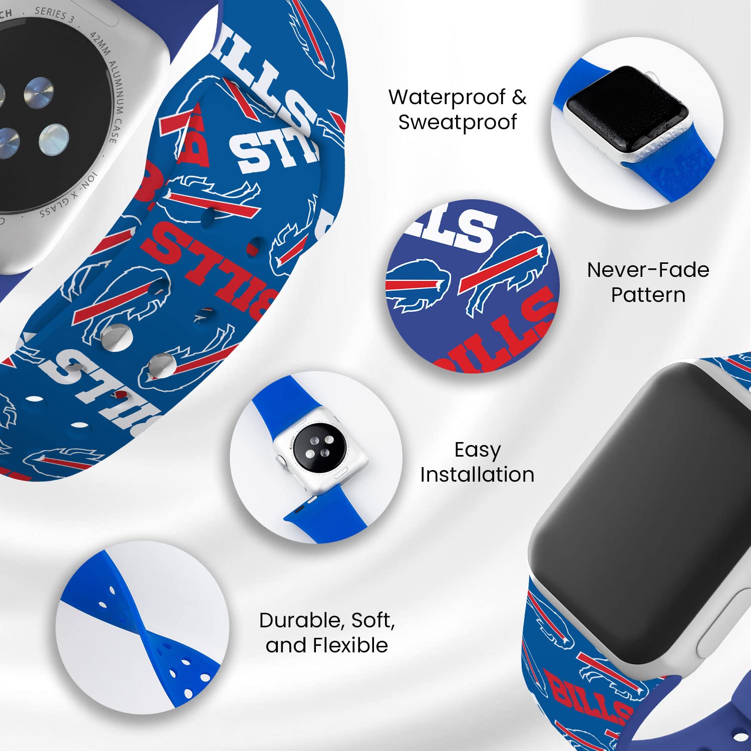Buffalo Bills HD Watch Band for Apple Watch - Durable Silicone Strap Compatible with All Apple Watch Series (38mm 40mm 41mm 42mm 44mm 45mm 49mm) - Perfect for Game Day, Sports & Casual Wear