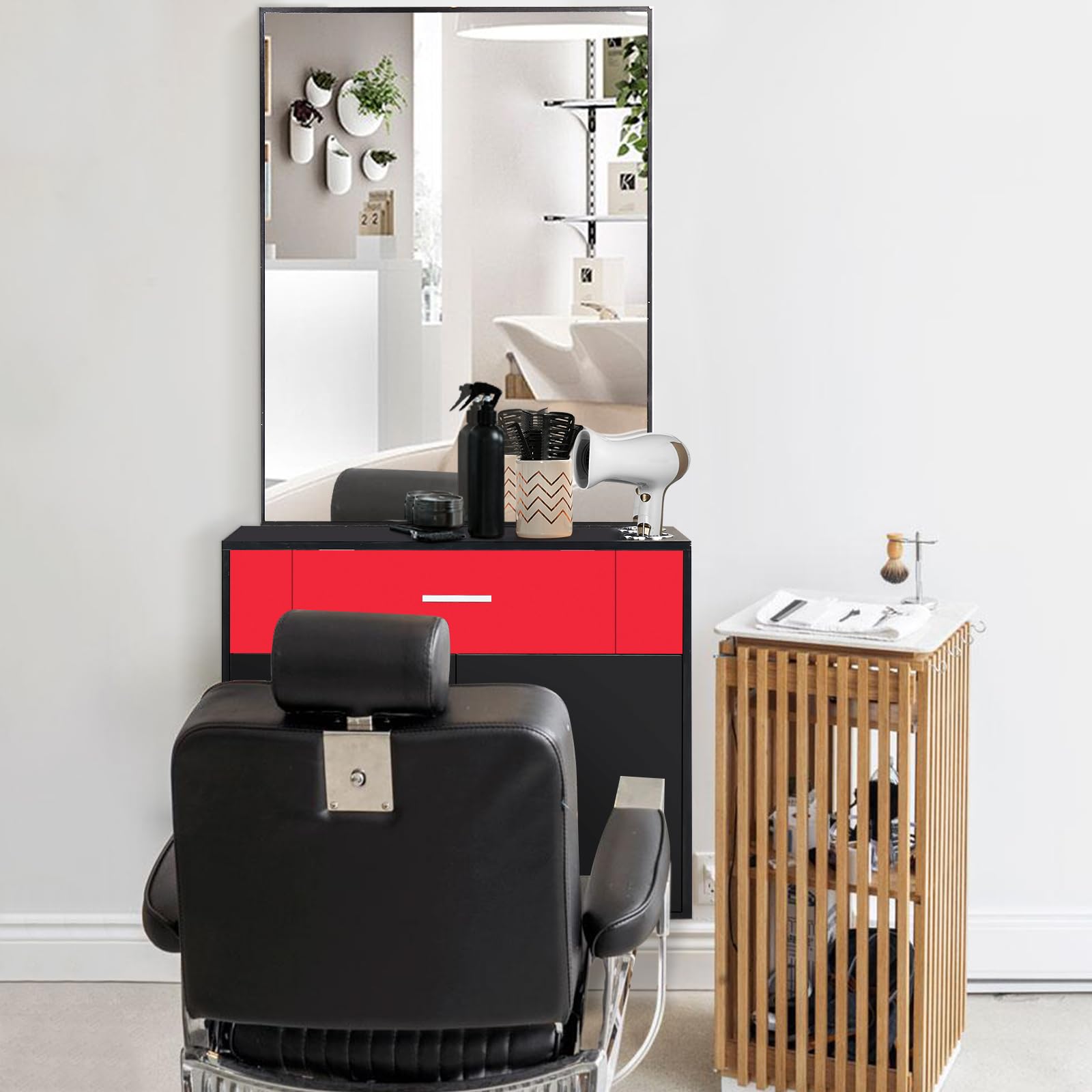 Professional Wall Mount Barber Salon Station - Hair Styling Equipment Set with Mirror, 2 Hair Dryer Holders, Drawer & Door - Beauty Spa Furniture for Barbershops & Salons (Red) - Perfect for Small Spaces & Home Use