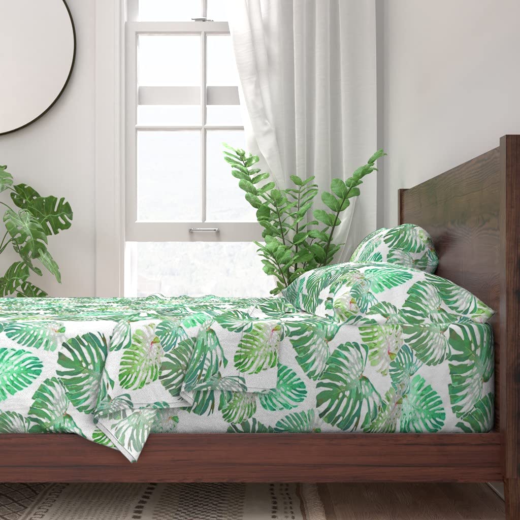 100% Cotton Twin Sheet Set 3pc - Tropical Monstera Leaf Hawaiian Summer Green Botanical Print | Soft Breathable Bedding for Beach House, Vacation Rental & Boho Bedroom Decor