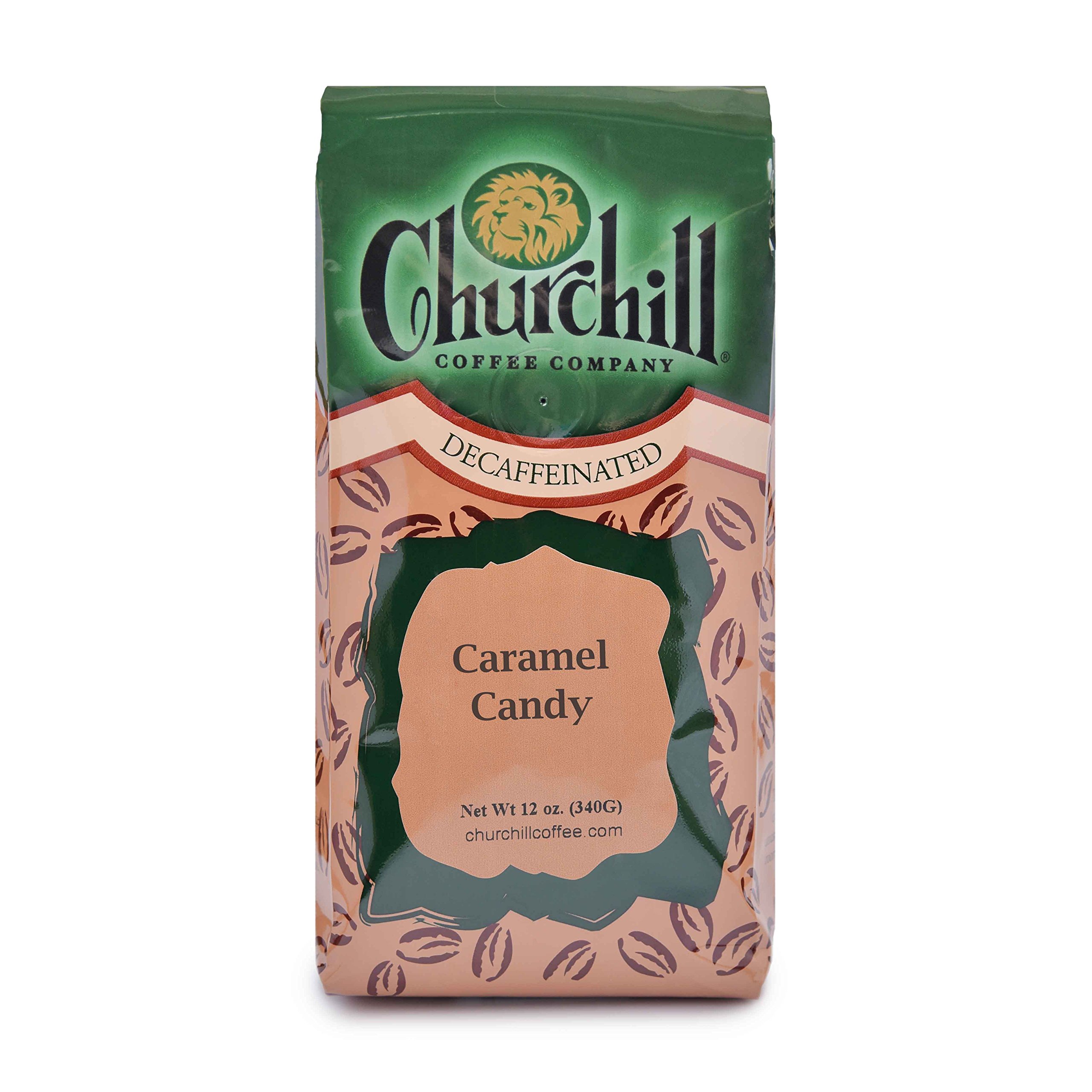 Churchill Coffee Caramel Candy Decaf Whole Bean Coffee 12 oz - Rich Caramel Flavored Decaffeinated Coffee Beans for Home Brewing & Office Use