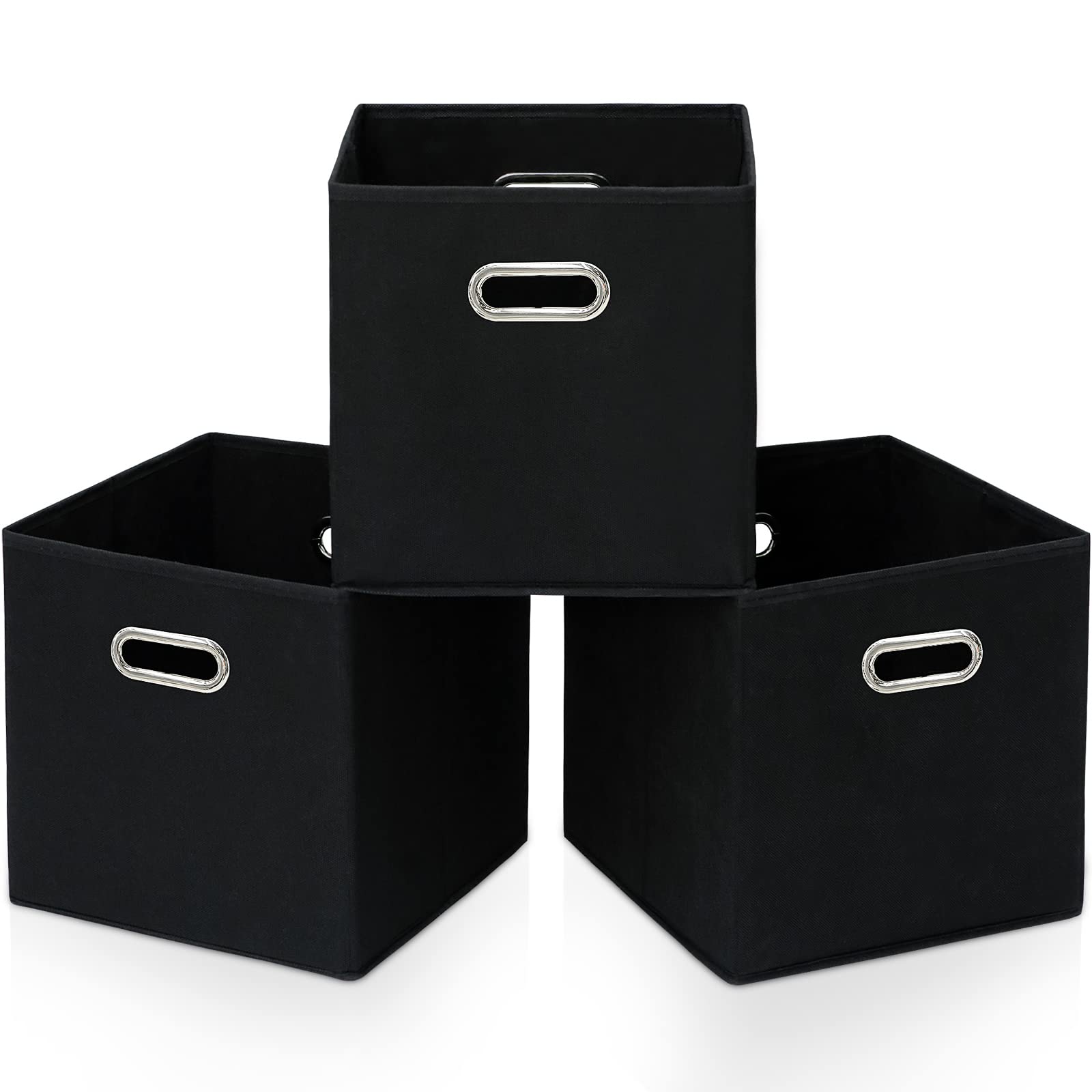 STOREONE 11x11x11 Inch Black Fabric Storage Bins with Handles - Foldable Cube Organizer Baskets for Shelves, Closet, Bedroom, Office - Set of 3 (Black) | Space Saving Home Organization Solution for Toys, Books & Clothes