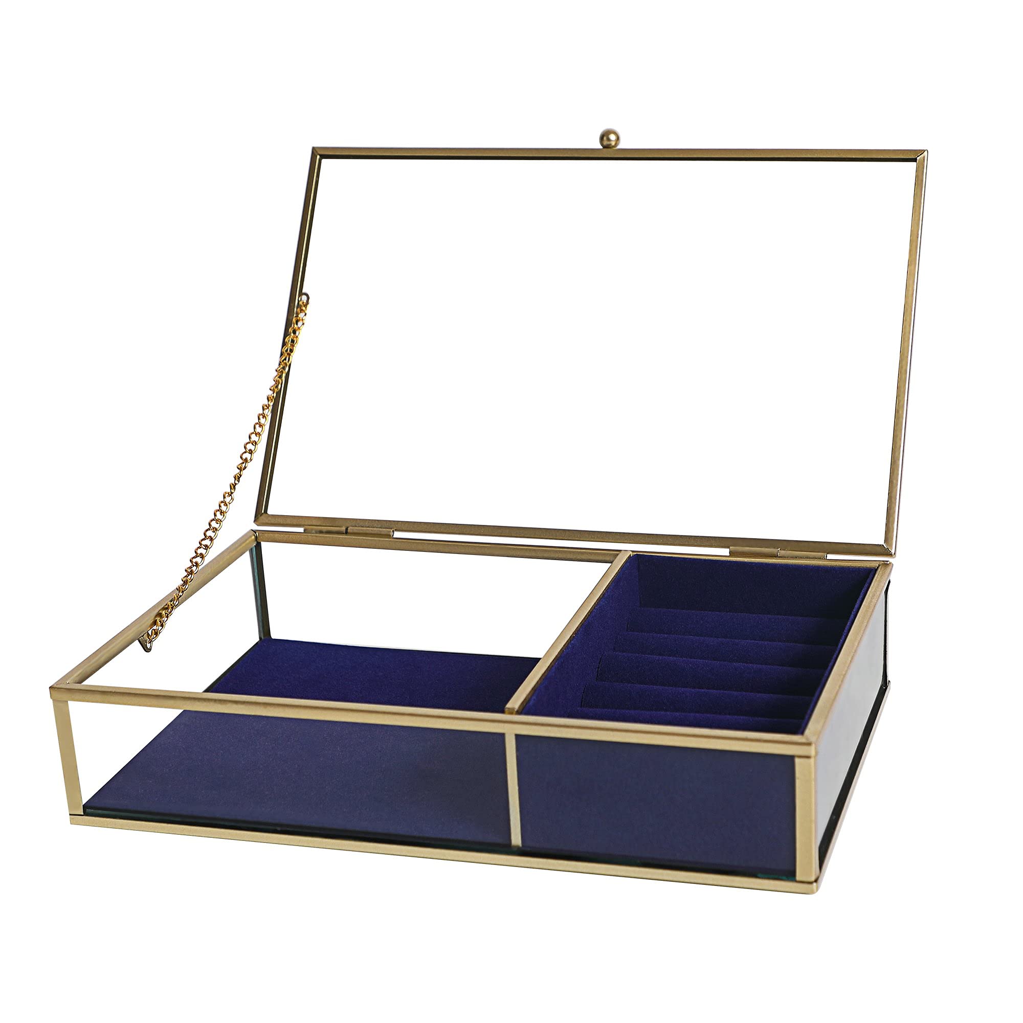 Ylu Yni Glass Jewelry Organizer Box - Clear Keepsake Display Case with Gold Frame, Velvet Tray & Trinket Chest | Perfect for Earrings, Rings, Necklaces & Accessories Storage | Elegant Mothers Day Gift Idea (Dark Blue) | Great for Bedroom Vanity, Travel Jewelry Case & Wedding Ring Box