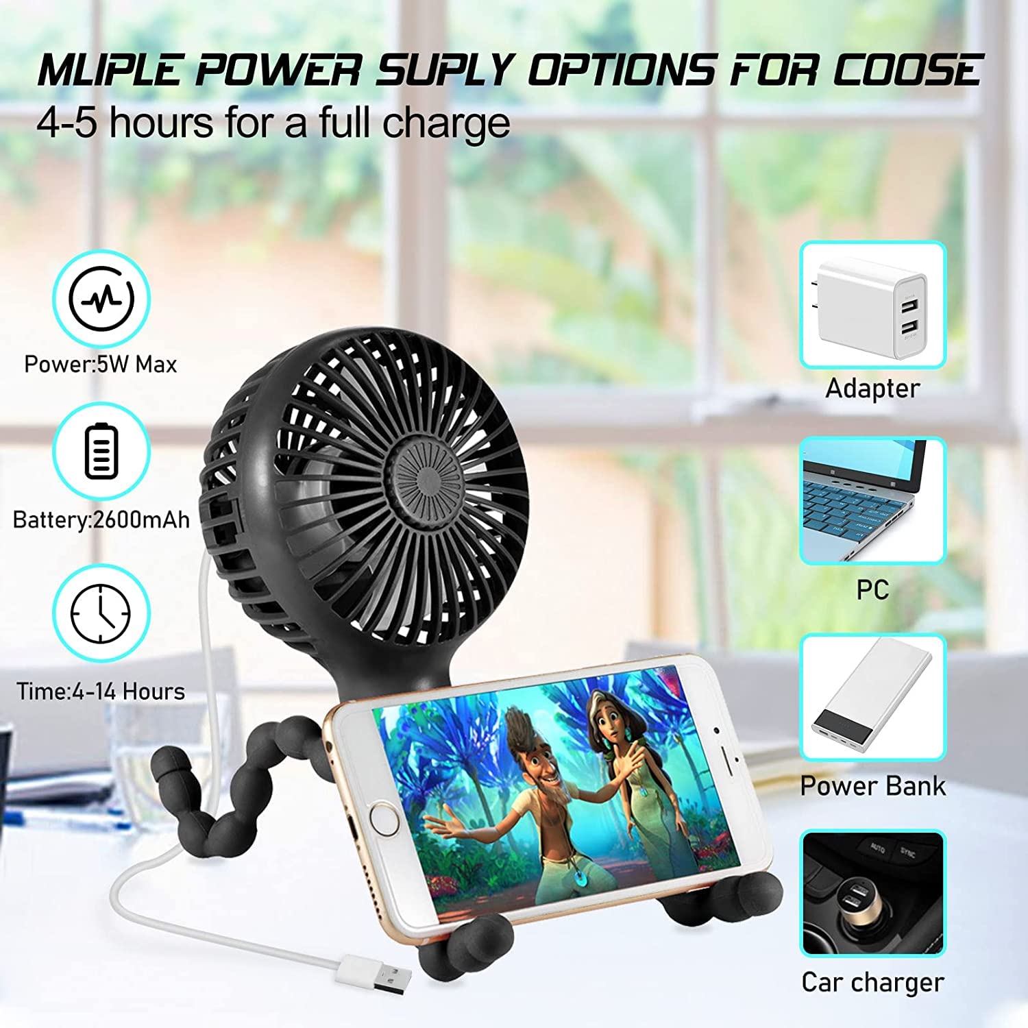 Upgraded Stroller Fan - Mini USB Rechargeable Battery Operated Fan with Flexible Tripod & 3 Speed Settings - Portable Clip On Fan for Baby Stroller, Car Seat, Crib, Treadmill, Office Desk - Perfect for Travel, Nursery, Gym & Home Use (Black)