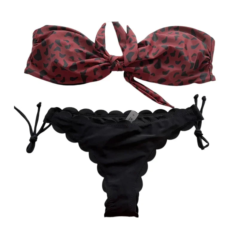 Sexy Leopard Print Bikini Set for Women - Strapless Push Up Swimsuit with Front Lace Up & Ruffled Bow Details - Thong Swimwear for Beach Vacation & Pool Party