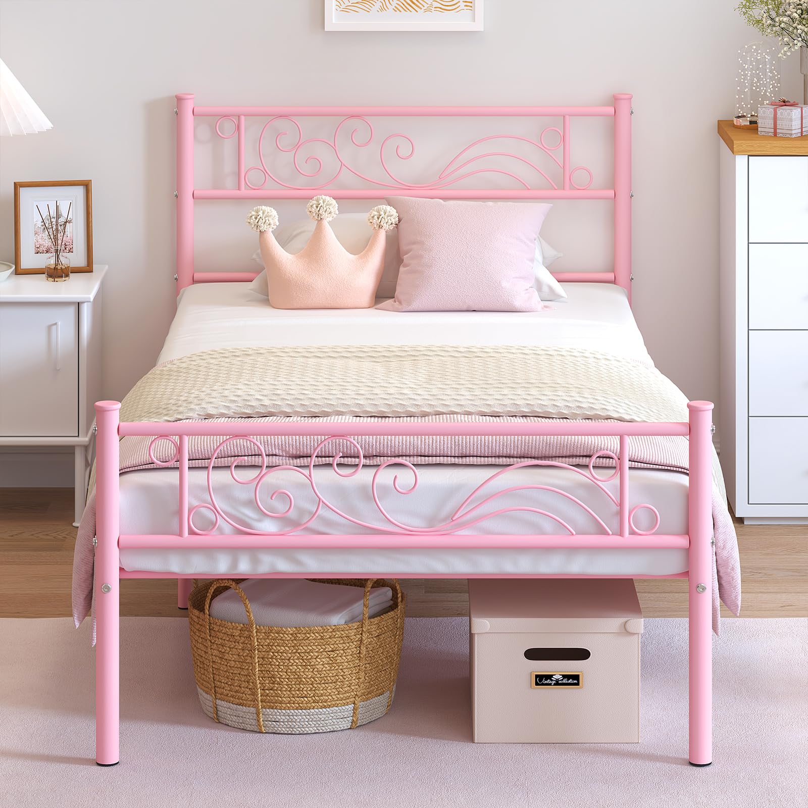 Weehom Twin Bed Frame with Metal Platform & Heavy Duty Steel Slats - Under Bed Storage Solution for Kids Room (Pink) | Space-Saving Bedroom Furniture for Small Spaces & Dorm Rooms