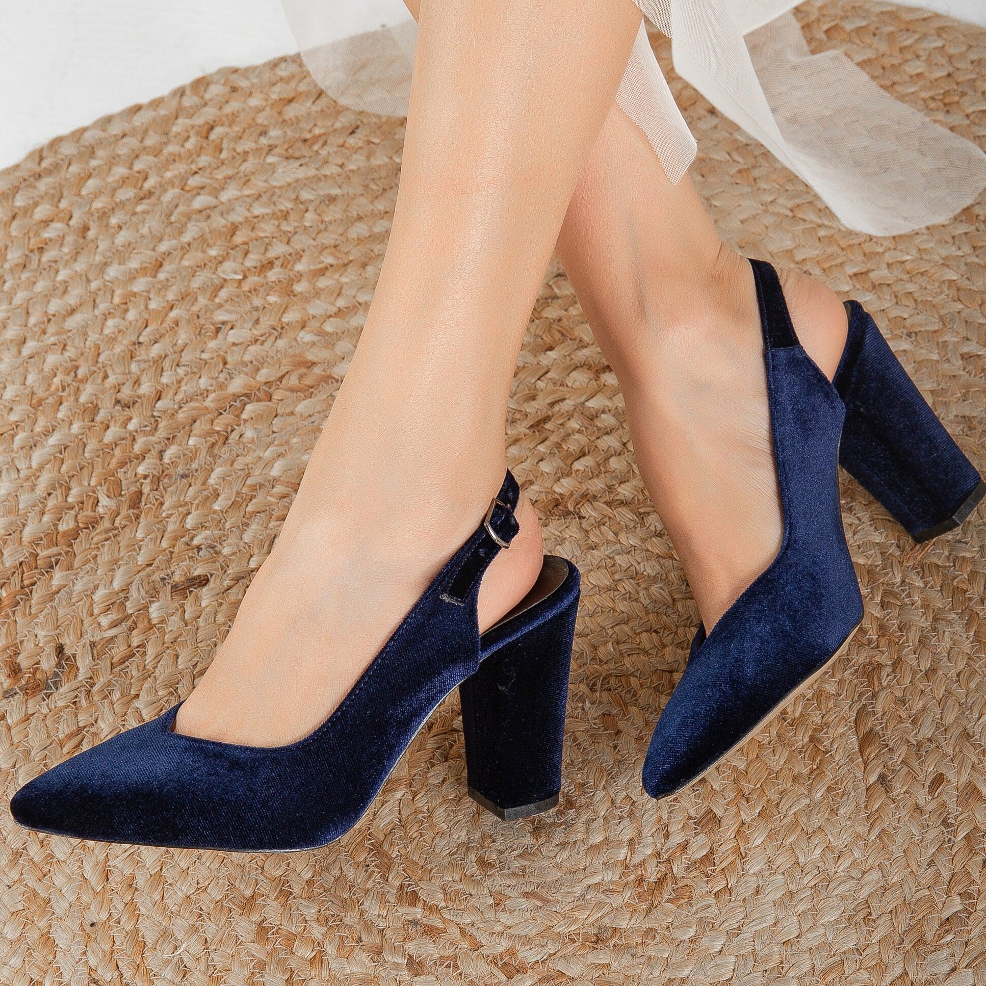 Emma Blue Velvet Slingback Heels - Women's Comfortable Dress Shoes for Party, Wedding & Evening Occasions