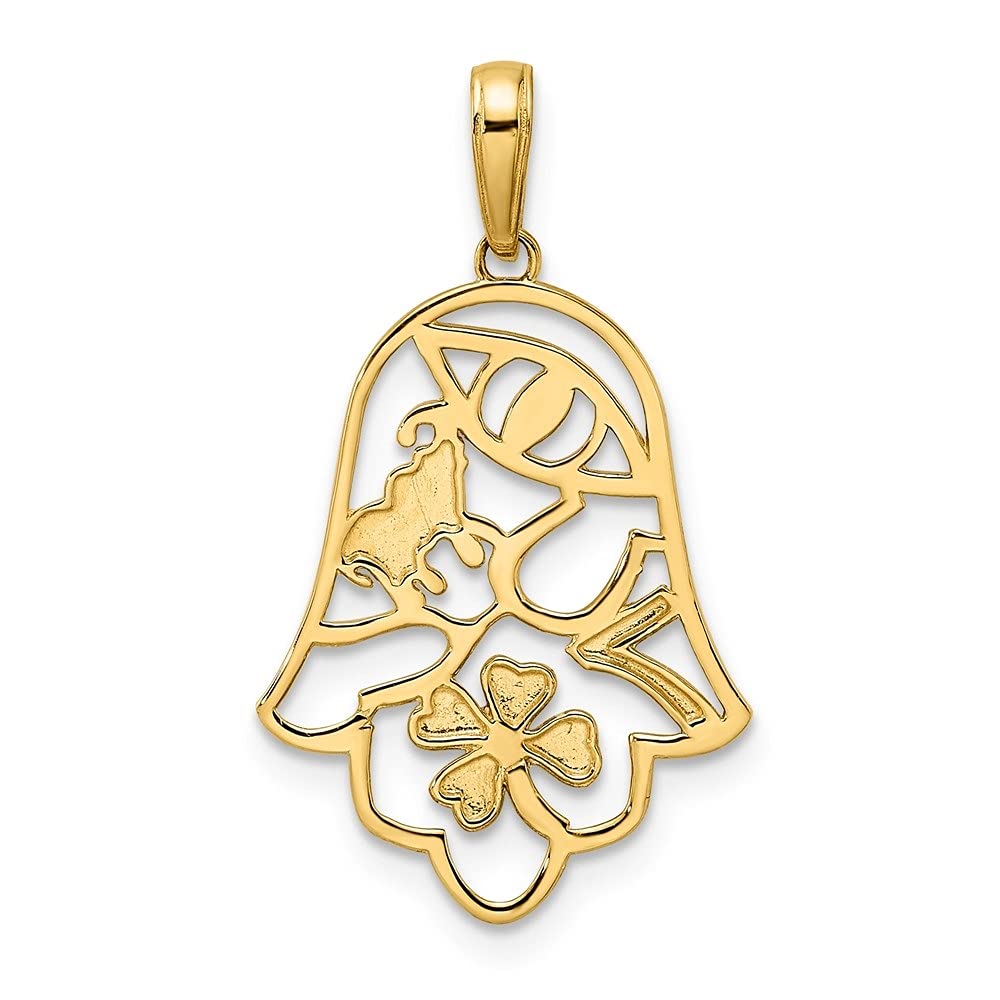 14K Yellow & White Rhodium Diamond-Cut Hamsa Pendant with Good Luck Symbols - 28.87mm x 16.5mm - Perfect for Spiritual Protection & Fashion Jewelry Gifts