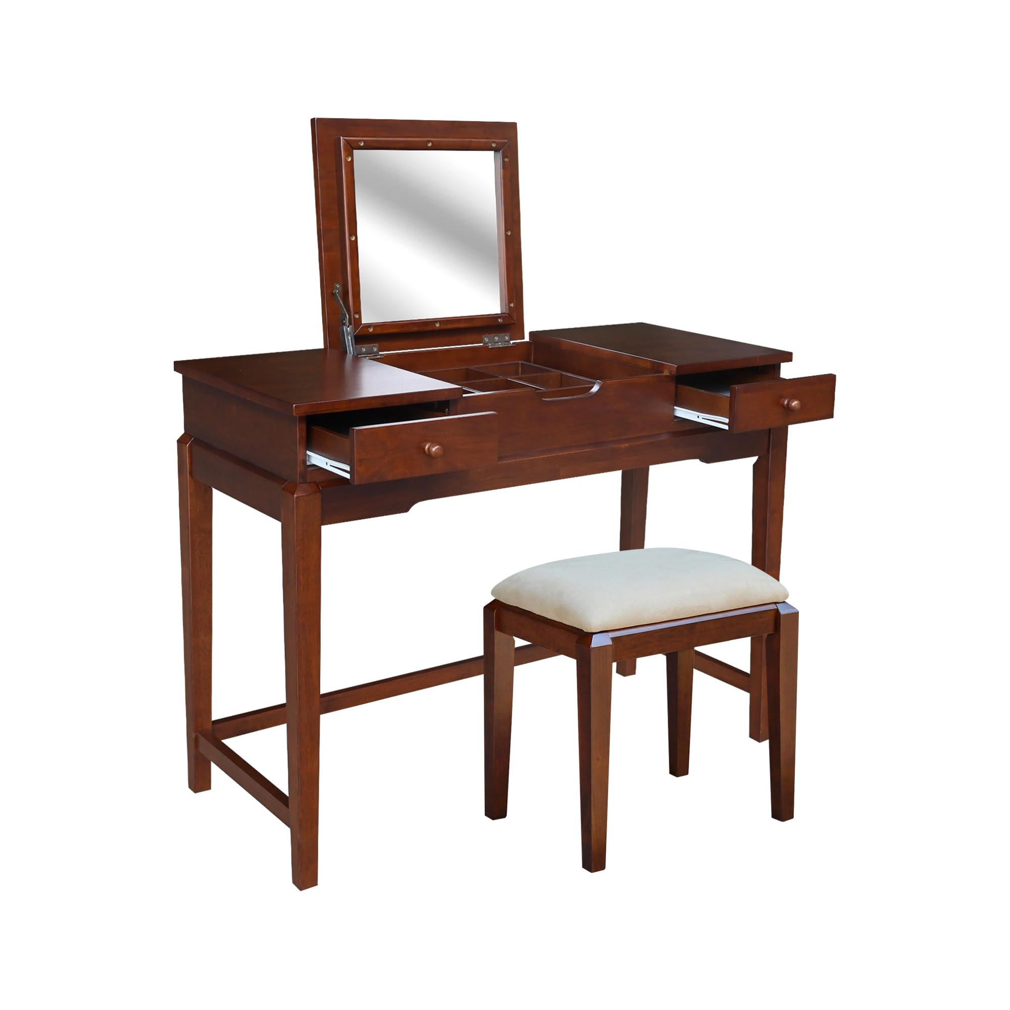 International Concepts Espresso Vanity Table with Matching Bench - Elegant Dressing Table Set for Bedroom, Makeup Vanity & Home Decor