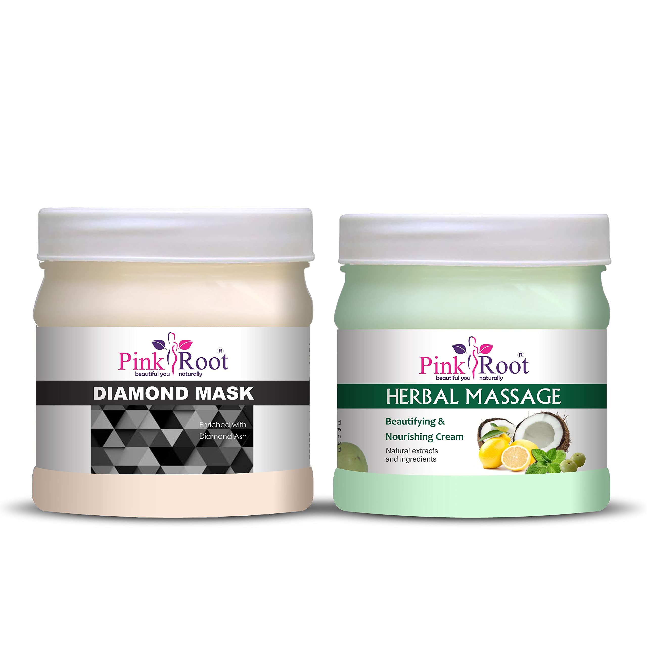 Pink Root Diamond Facial Mask 500g with Herbal Massage Cream - Brightening & Hydrating Skincare Set for Glowing Skin | Spa & Home Beauty Treatment